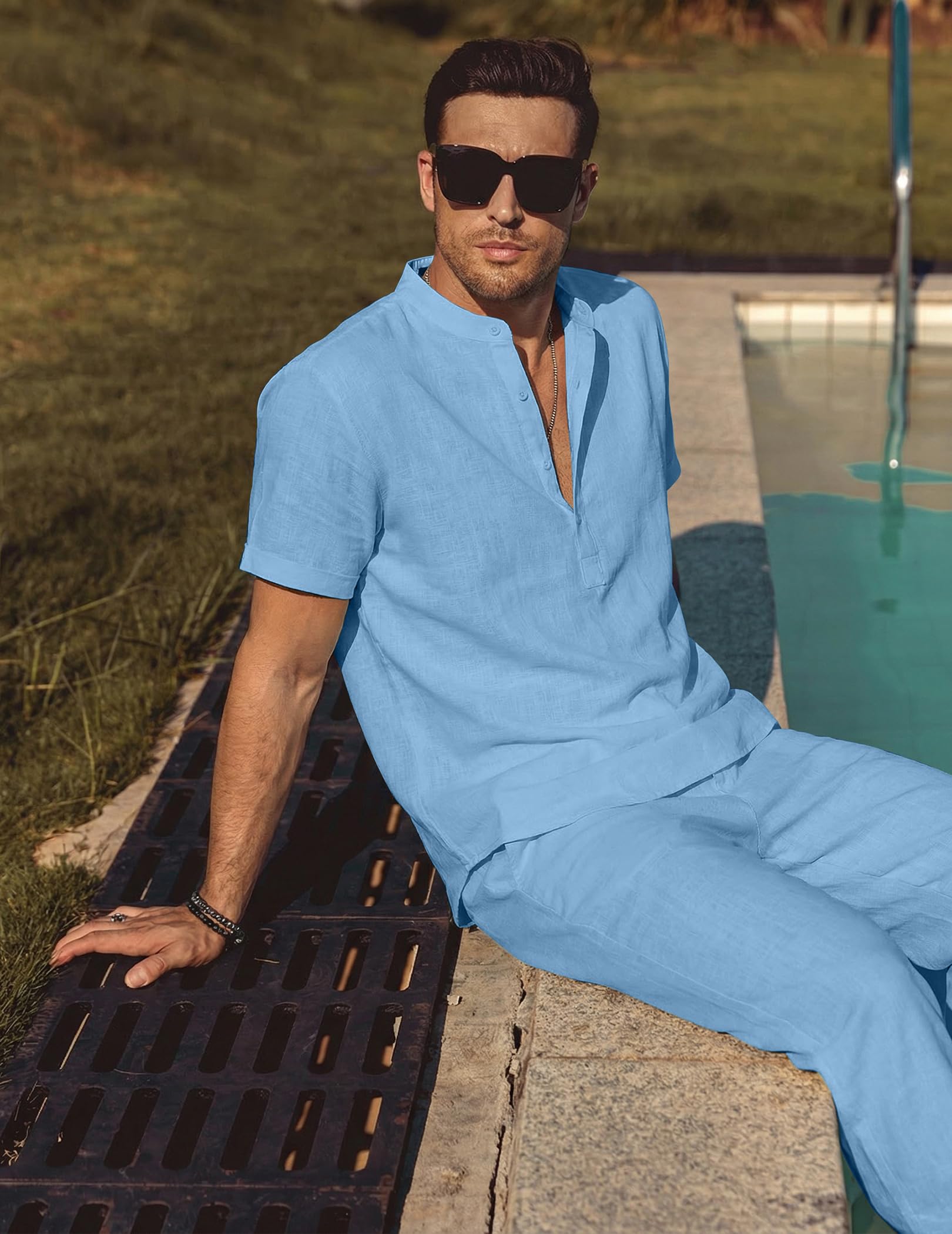 COOFANDY Set da 2 pezzi da uomo in cotone e lino, a maniche corte, casual, con camicia Henley, pantaloni estivi da spiaggia e per le vacanze