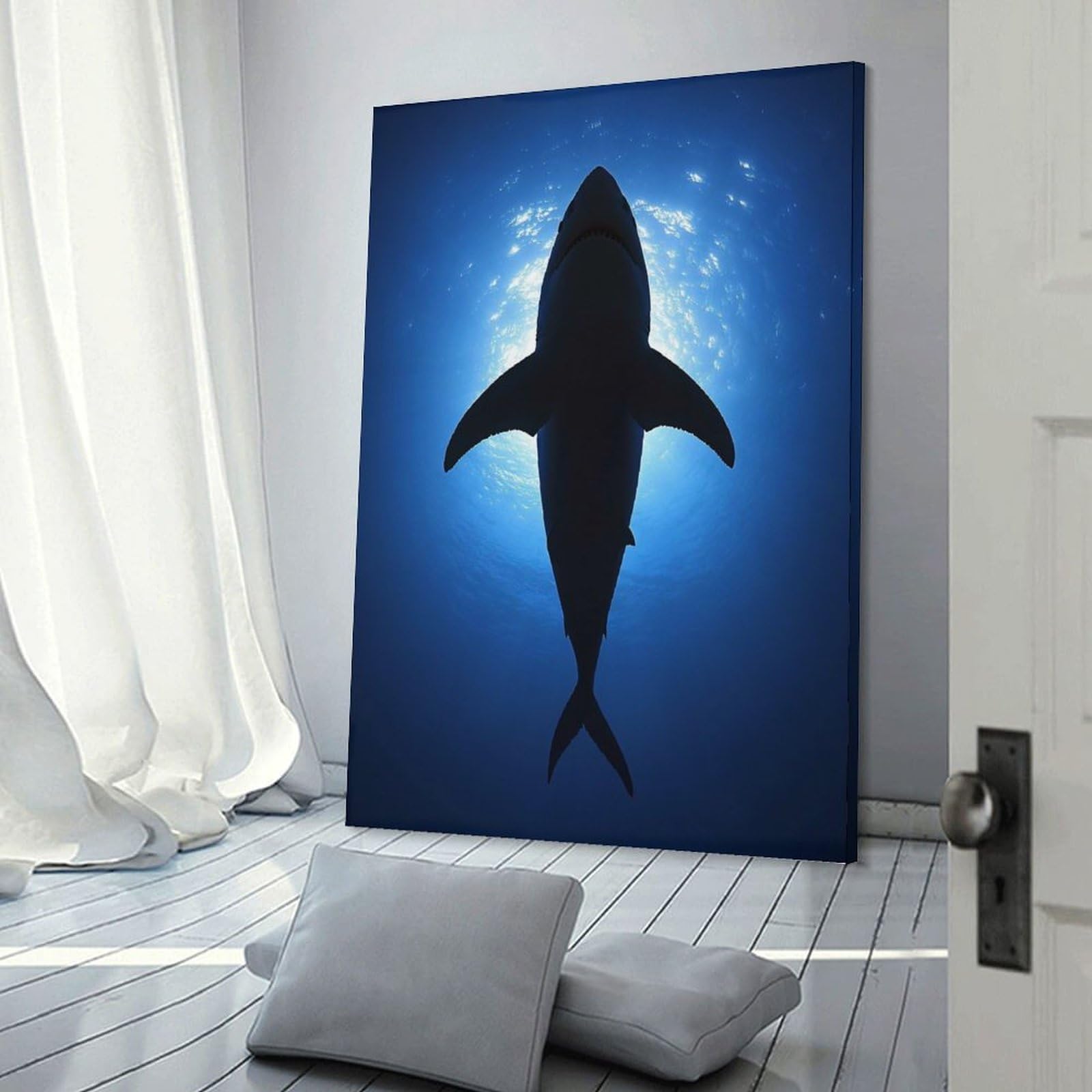 Junmoney Great White Shark Silhouette Canvas Wall Decor 20x30inch(50x75cm), for Corridors, Hallways Or Apartment Entries, A Stylish Accent for Home Entrances