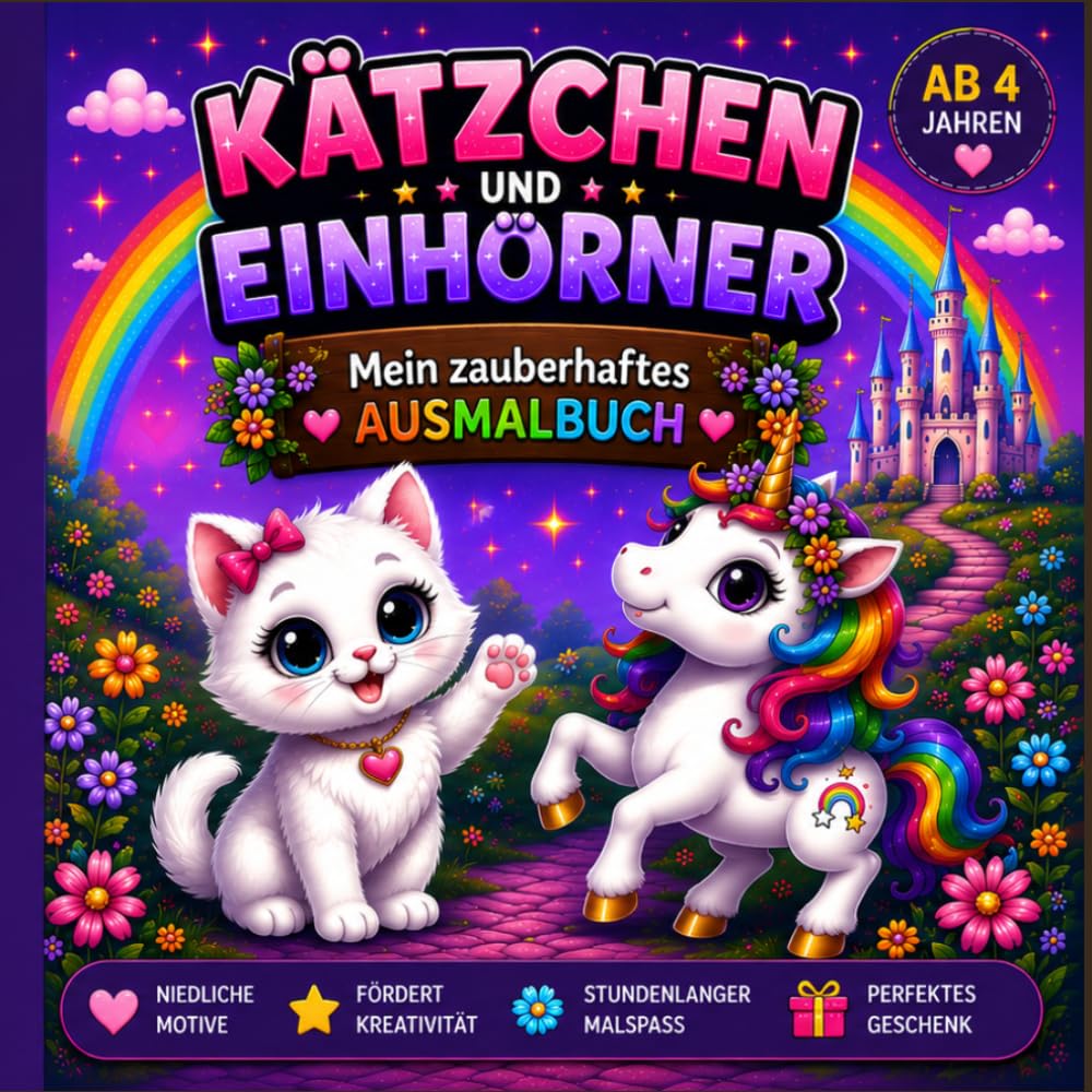 Kätzchen und Einhörner - Mein Zauberhaftes Ausmalbuch: Ein Malbuch für Kinder von 4-8 Jahren voller süßer Ausmalbilder mit Einhörnern & Kätzchen