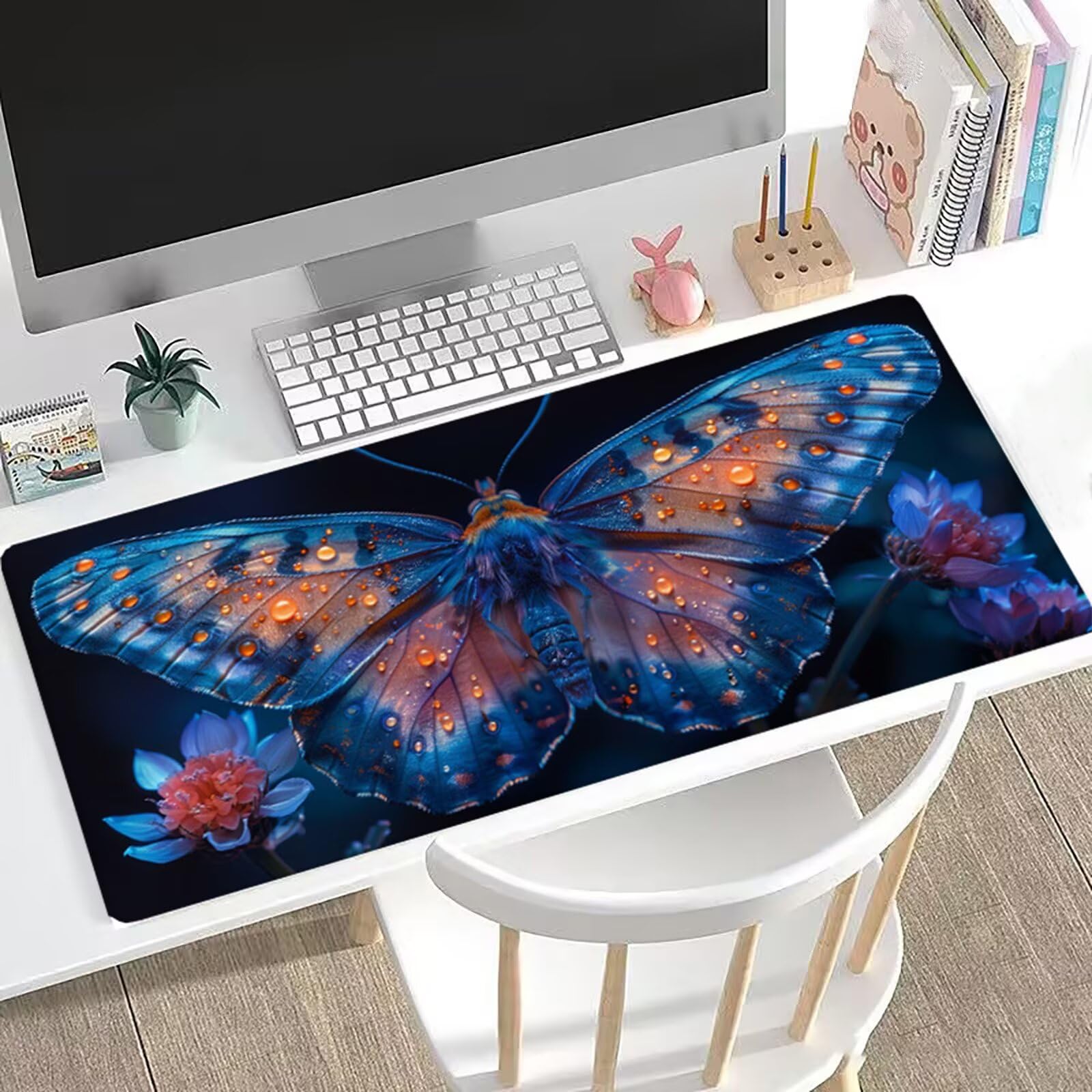 Gamingowa podkładka pod mysz z motylem XXL 150 x 80 cm, podkładka pod mysz, kolor pomarańczowy, podkładka na biurko, zoptymalizowana precyzja i prędkość, z gumowaną antypoślizgową podstawą, mata na