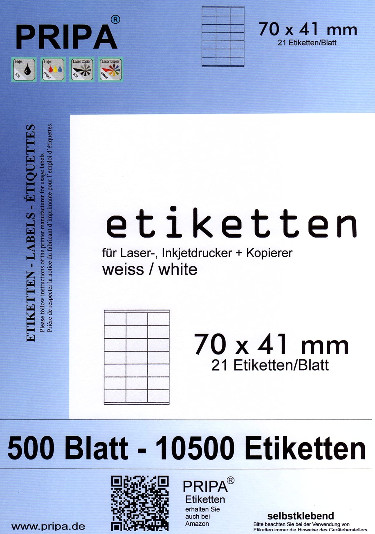 pripa - Etiketten 70 x 41 mm - Großpackung - 500 Blatt DIN A4 selbstklebende Etiketten 3481