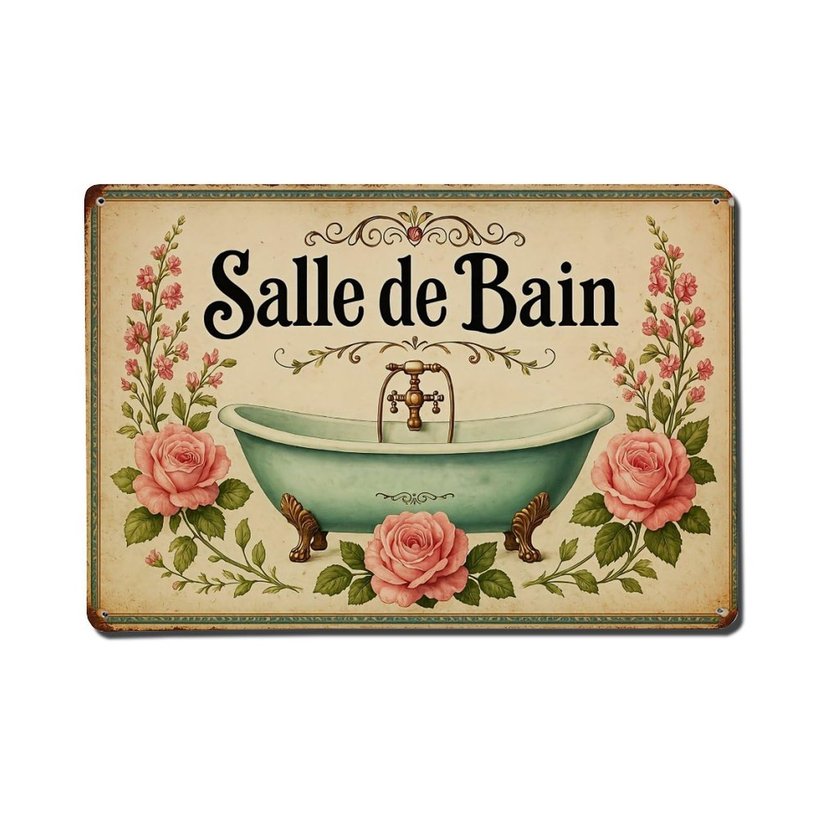 Vintage Bathtub Floral Rose Design Retro Metal Tin Sign, Vintage Metal Poster for Bar, Home, Man Cave, Kitchen, Laundry Room Art Decor 8x12 Inch