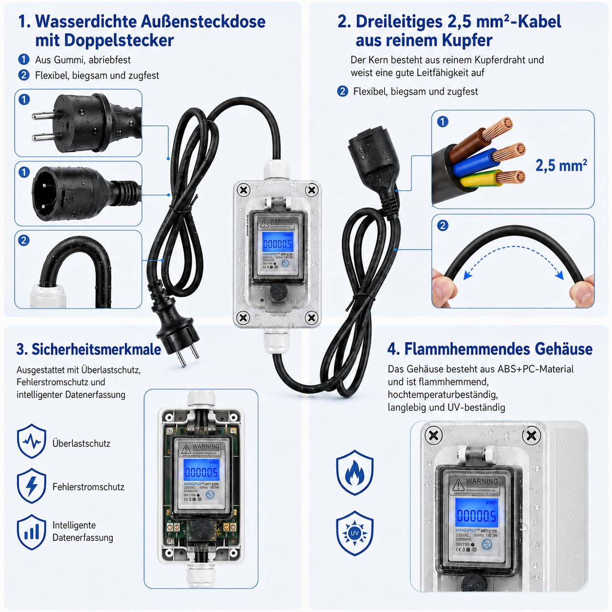 Contatore di corrente per presa da 230 V, per camper, ambienti esterni | digitale, consumo energetico