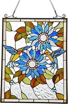 Capulina Stained Glass Panels Window Hangings Sunflower and Birds Tiffany Style Traditional Art Handcrafts for Home Decor and Gifts