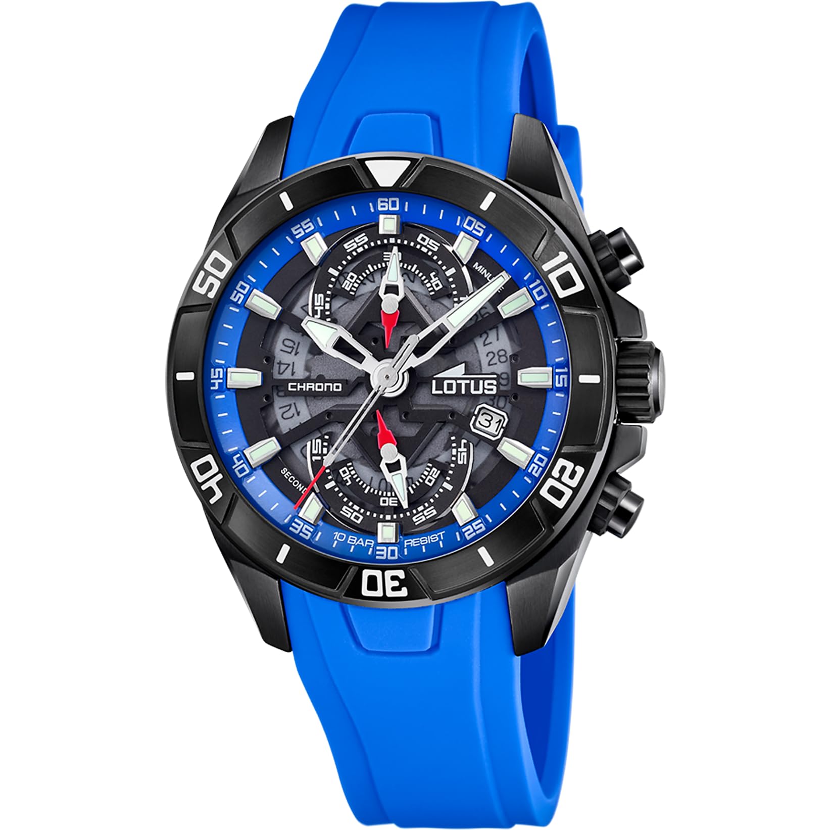 LOTUS Reloj Hombre Analógico de Caucho Azul | Movimiento de Cuarzo, Cronógrafo, Calendario, Cristal Mineral de Alta Resistencia, Resistente al Agua 10 ATM 18945/2 Vortex