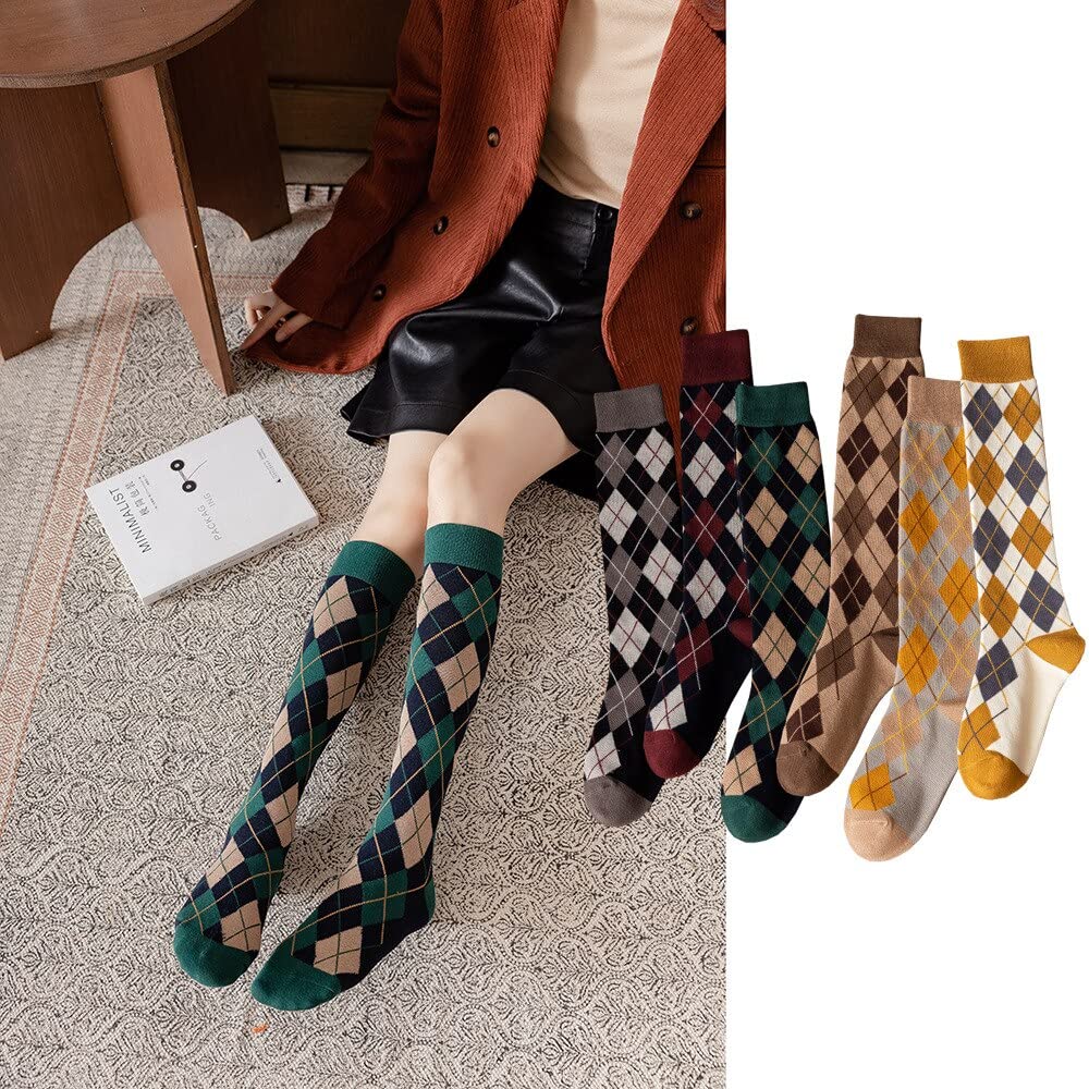 XIAOJIA 1 Pair Plaid Girls Women Long Socks Autumn Winter Warm Thigh High Socks Japan Style Students Over Knee Socks Stocking Leg Sox-Green,One Size