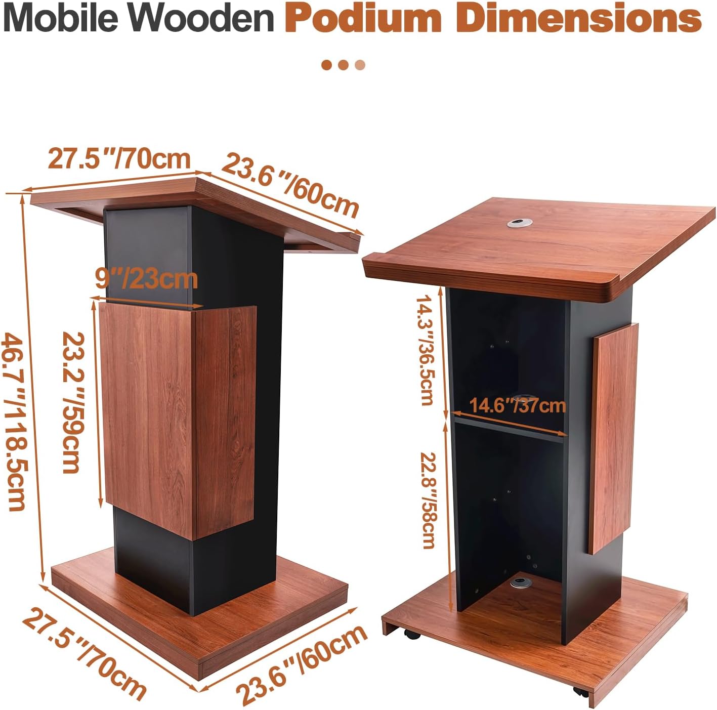 47"Portable Wooden Podium,15MM Particle Board Wood Lectern Stand, Reserved Wire Hole, Lockable Wheels, Design with Storage, Standing Pulpit for Church Office School Home Conference