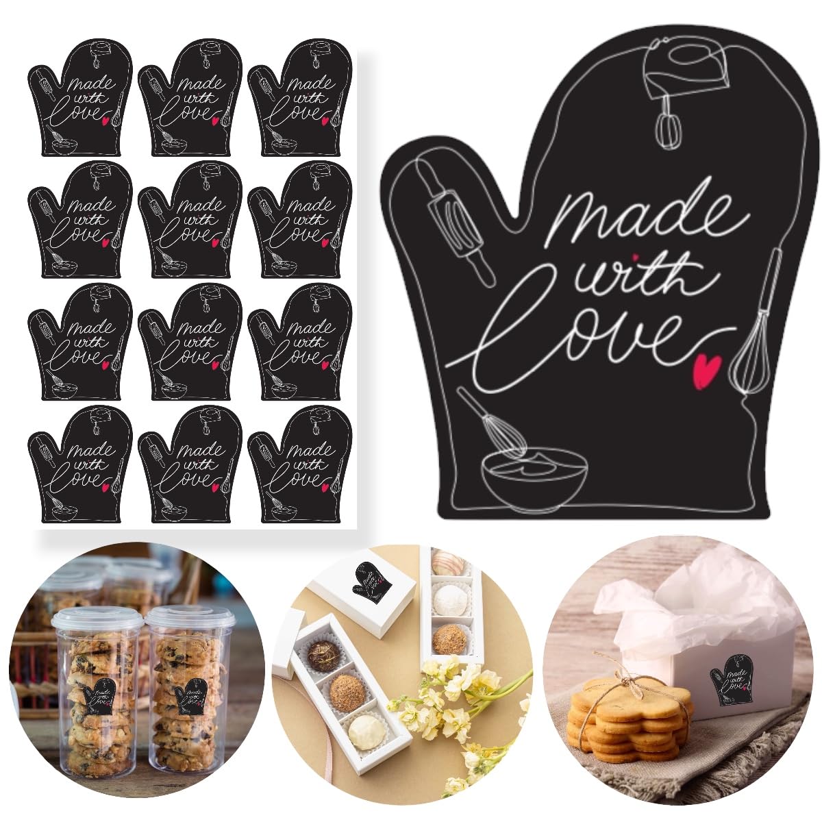 300 calcomanías hechas con amor, etiquetas de horneado de 2 x 1.75 pulgadas para embalaje, calcomanías horneadas con amor, calcomanías de panadería caseras, hechas con etiquetas de amor para tarros