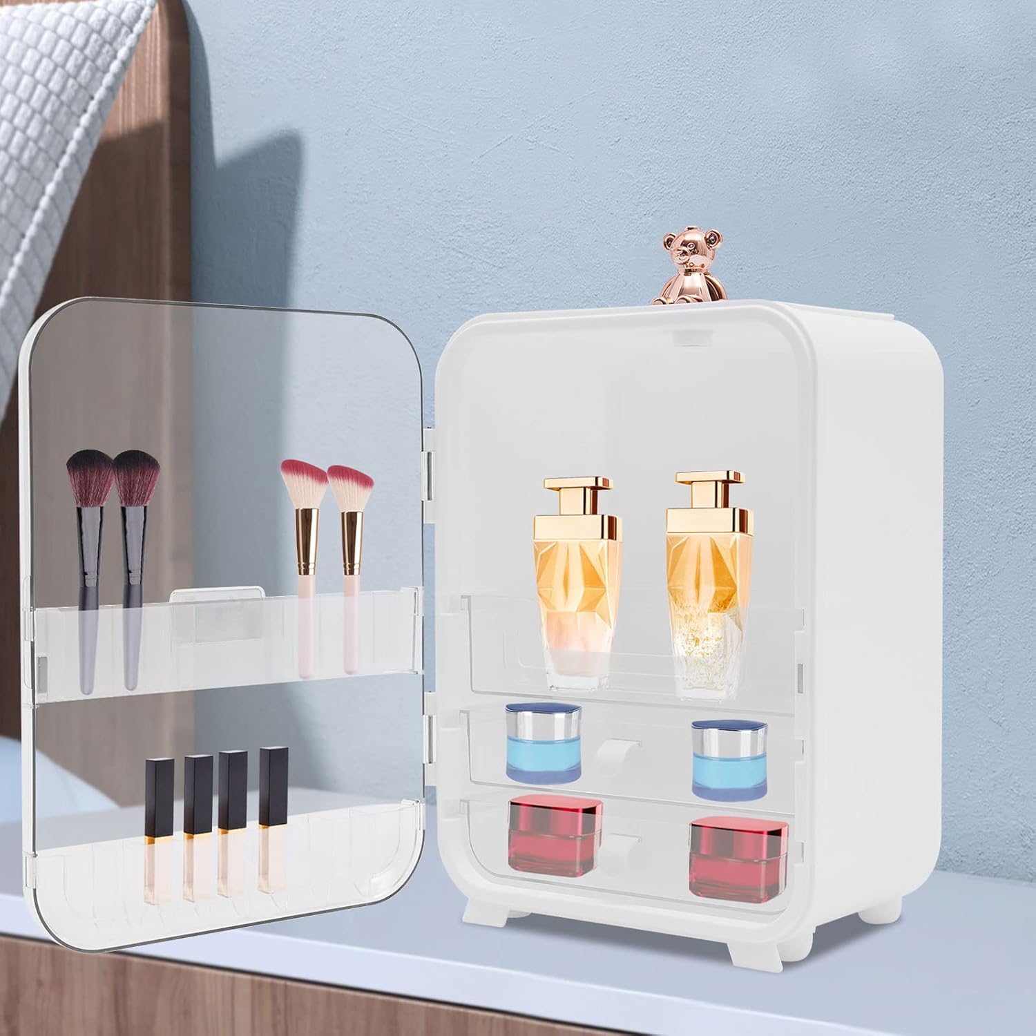 Cosmetic Makeup Storage Box with LED Light & Cosmetic Mirror, Makeup Organizer Skincare Organizer Cosmetic Display Case with Door and Drawers for Bedroom Vanity Dresser, 10x7.9x14.2 inch