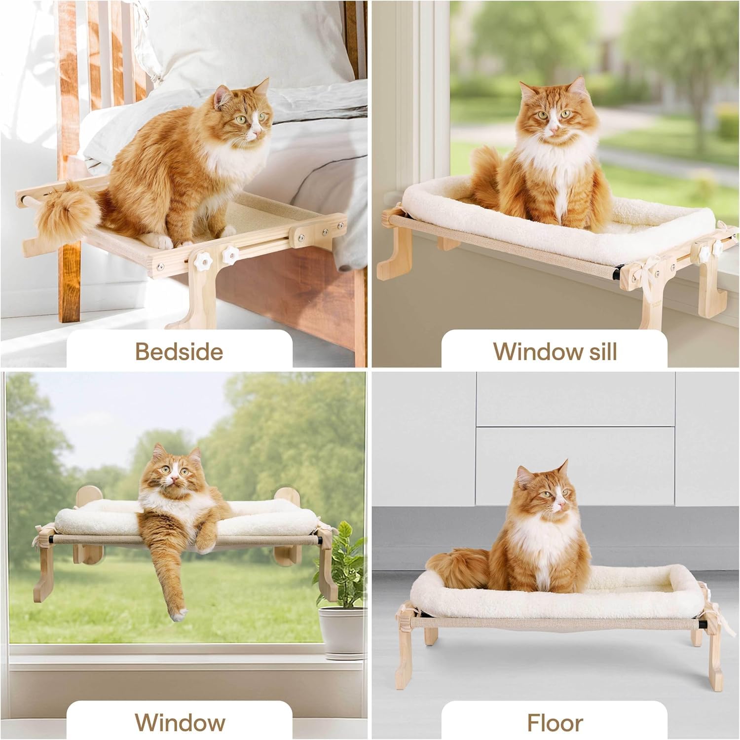 Foldable Cat Window Perch for Cats Inside – 4-in-1 Cat Bed for Shelf, Windowsill, Wall, Floor – Pet Hammock Sill Extender – 1 Perch with Frame, 1 Plush Bed, 4 Heavy Duty Suction Cups, Screws
