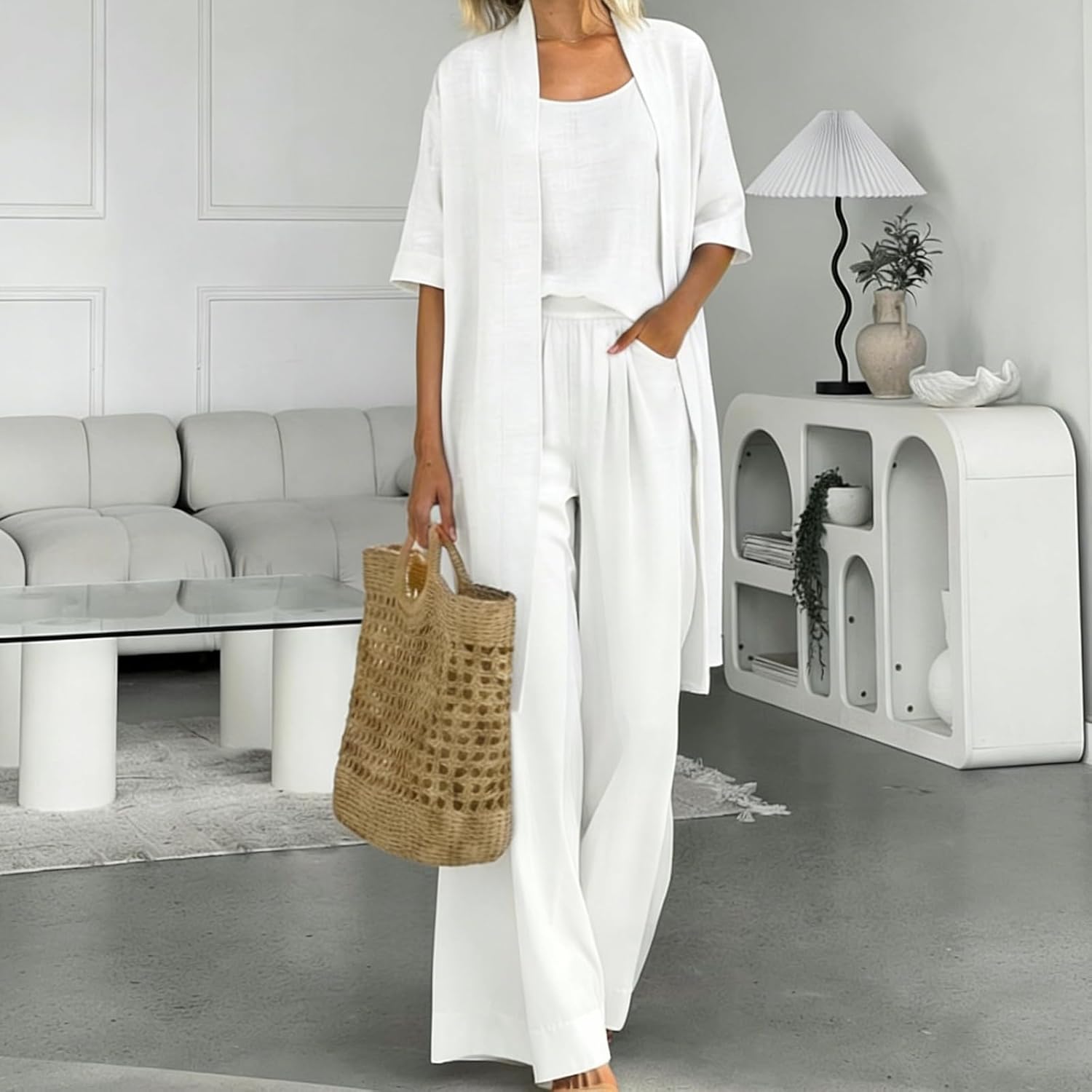 Linen-cotton Three-piece Set - Comfortable For Everyday Wear, Women Solid Casual Loose Outfit Spring Summer Wear