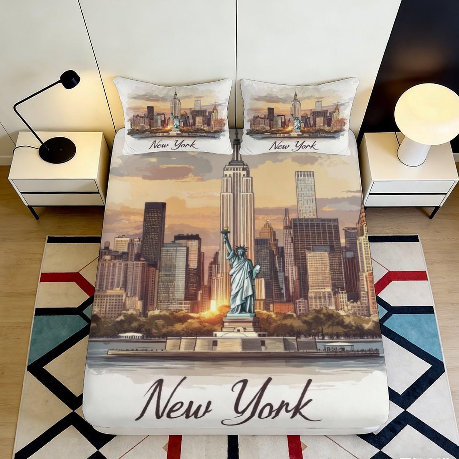 3D Printed New York Skyline Fitted Sheet Microfiber Durable Soft 3D Printed Cityscape Bed Cover for Bedroom Dormitory Guest Room Mattress Protection 180x200x25cm