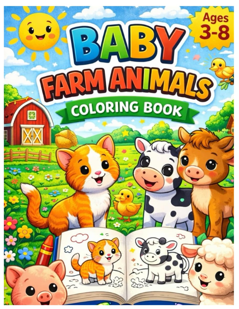 Funny Farm Baby Animal Coloring Book For Kids Aged 3-8:: Cute Farm Animals Coloring Pages for Toddlers and Kids Ages 3–8 | Big, Easy and Fun Coloring Book for Boys and Girls
