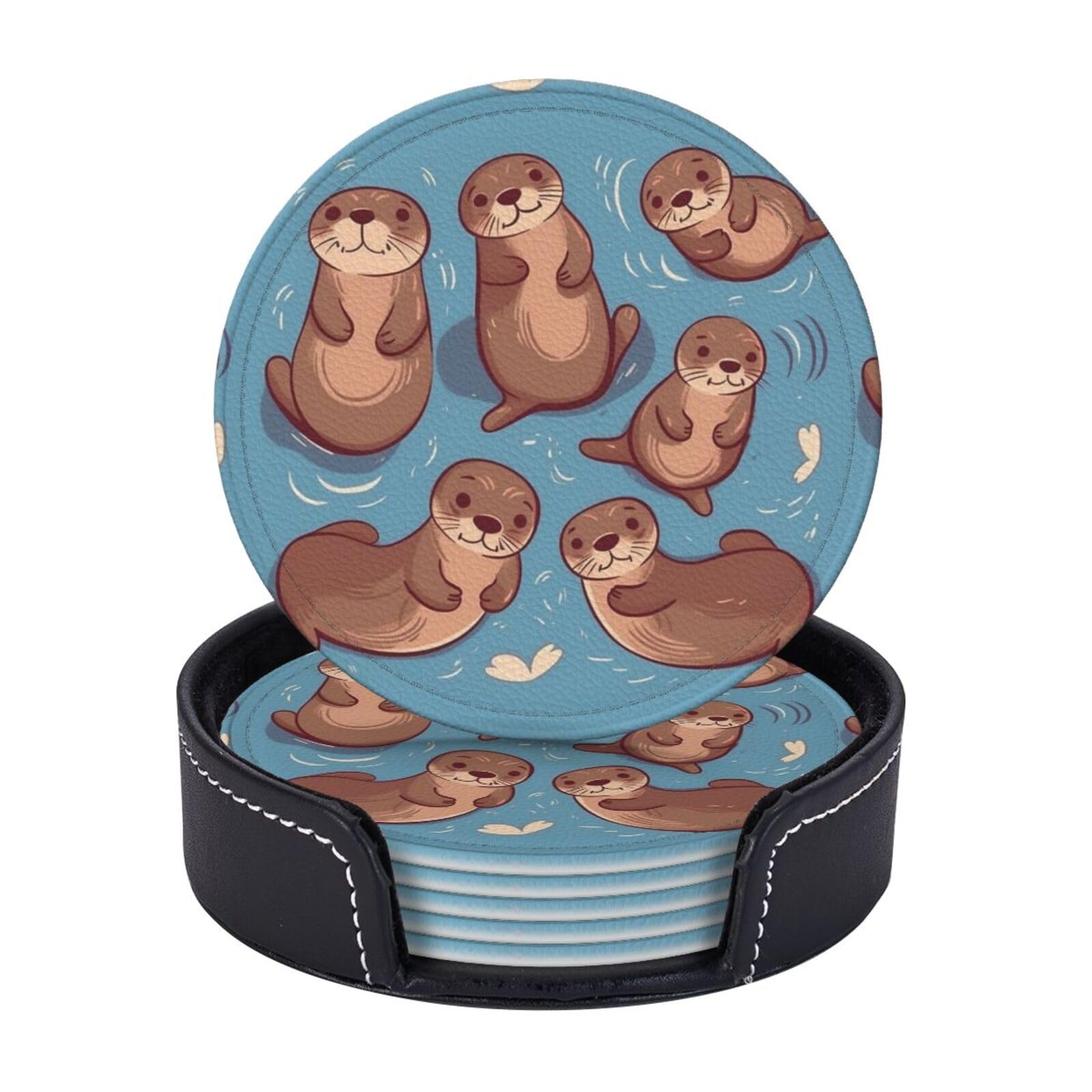 Round Coasters for Drinks Set of 6 - PU Leather Coasters with Holder - Modern Drink Coasters for Coffee Table - Animal Cute Brown Otters Coaster for Tabletop Protection 4" Cup Mat Pad