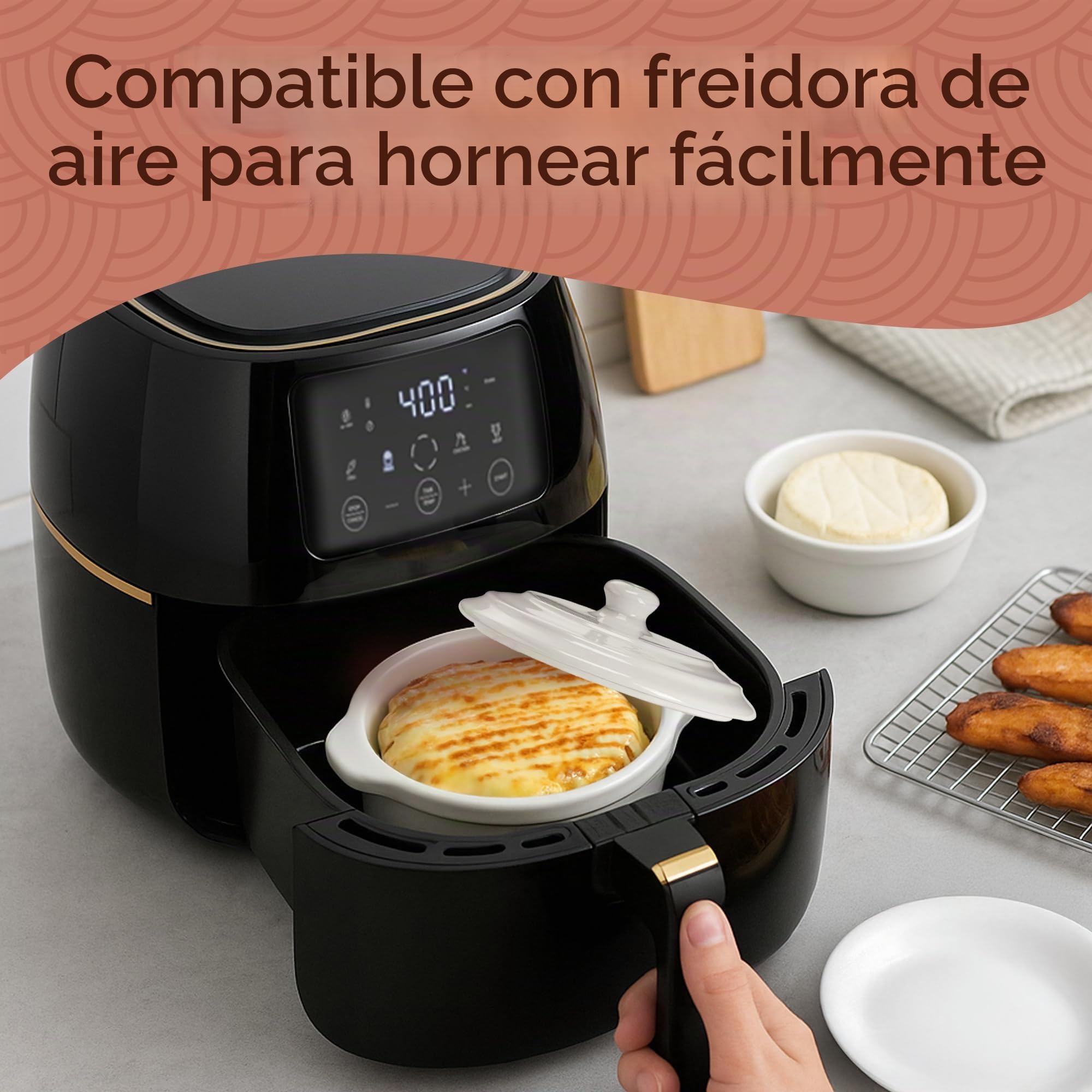 Muldale Camembert - Plato para hornear con tapa, juego de regalo, panadero de queso Camembert en color blanco, plato para hornear Brie, panadero de cerámica Camembert Baker - 14 cm - Con esparcidor y