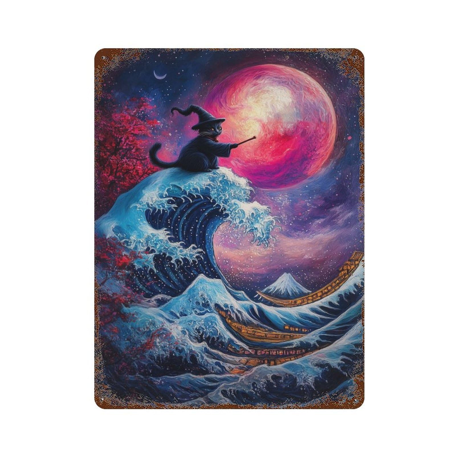 Wizard Cat And The Great Wave Rustic Tin Plaque 15.7"x11.8", Ideal for Shed, Workshop And Garage Wall Decor