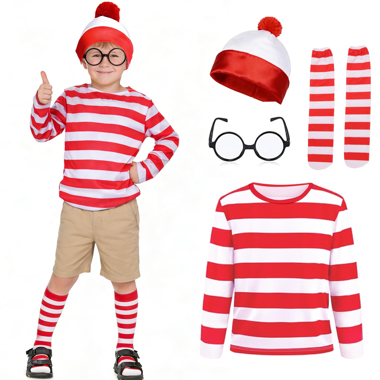 WenYa Red & White Striped Outfit for Kids World Book Day Dress Up Party Costume Set including Hat Glasses and Socks for Halloween Book Week and School Cosplay (Kids
