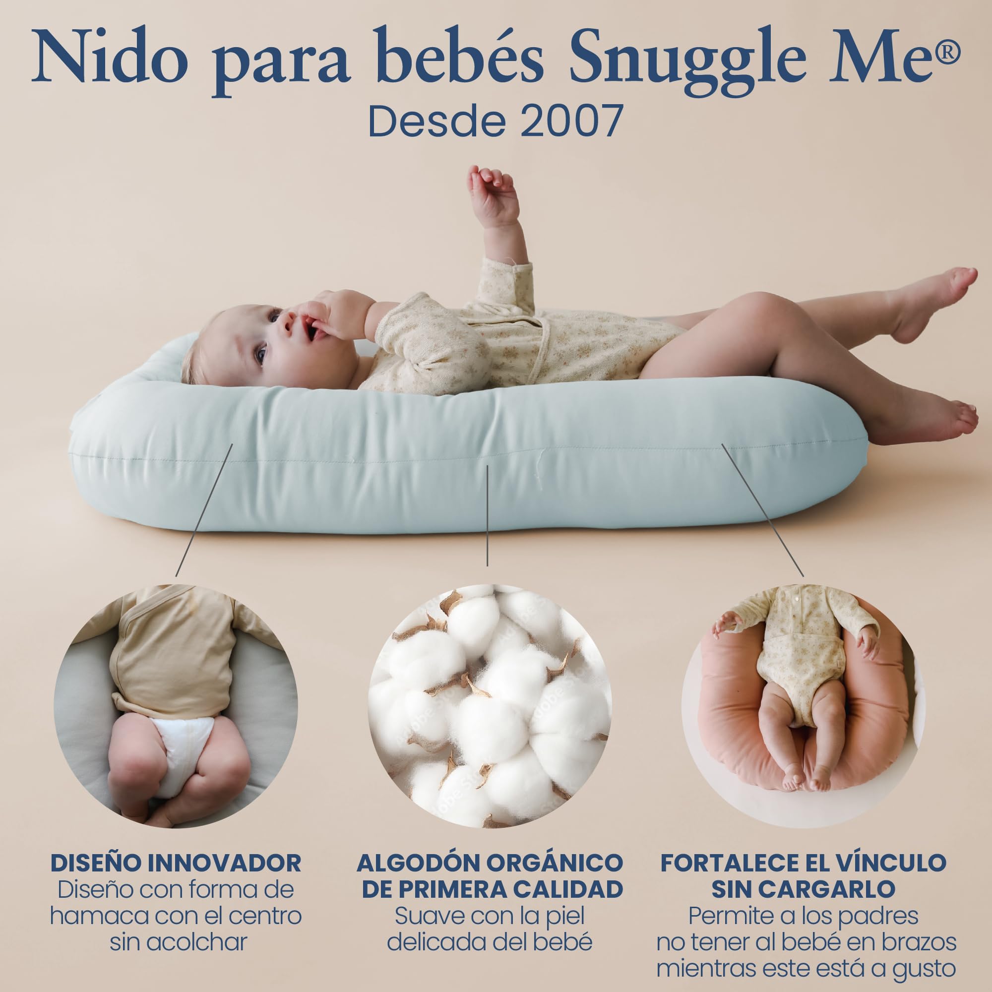snuggle me Me® Nido Bebé Recién Nacido (De 0 a 9 Meses): Nido Bebé de Algodón Orgánico de Primera Calidad con el Centro Relleno de Fibra, 100% Lavable a Máquina y con Bolsa de Viaje (Bluebell)