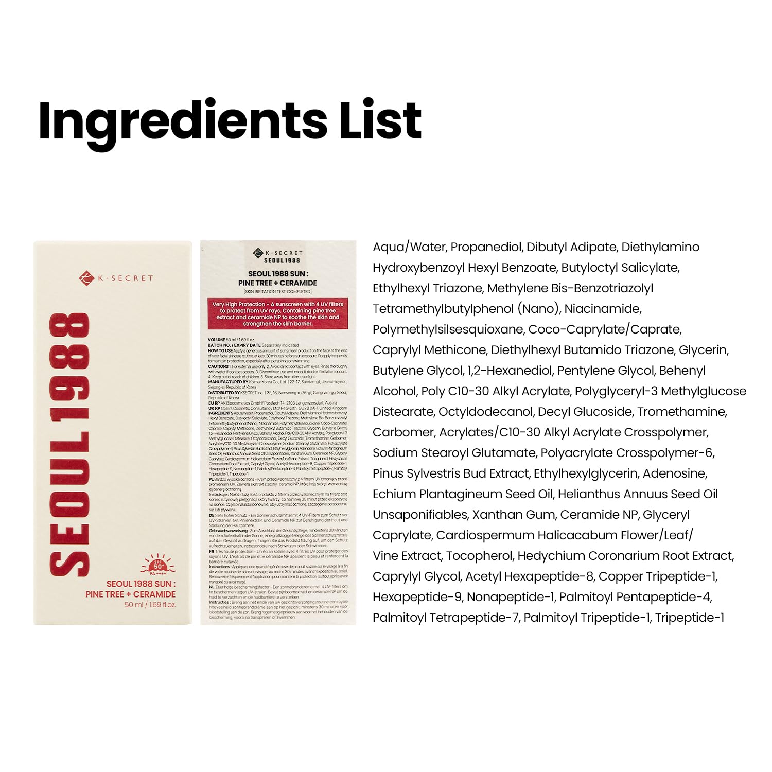 KSECRET Seoul 1988 Sun Krem do twarzy z filtrem SPF 50 z ekstraktem z sosny i ceramidami – Wysoka ochrona UV, lekka formuła, nawilżający, 50 ml