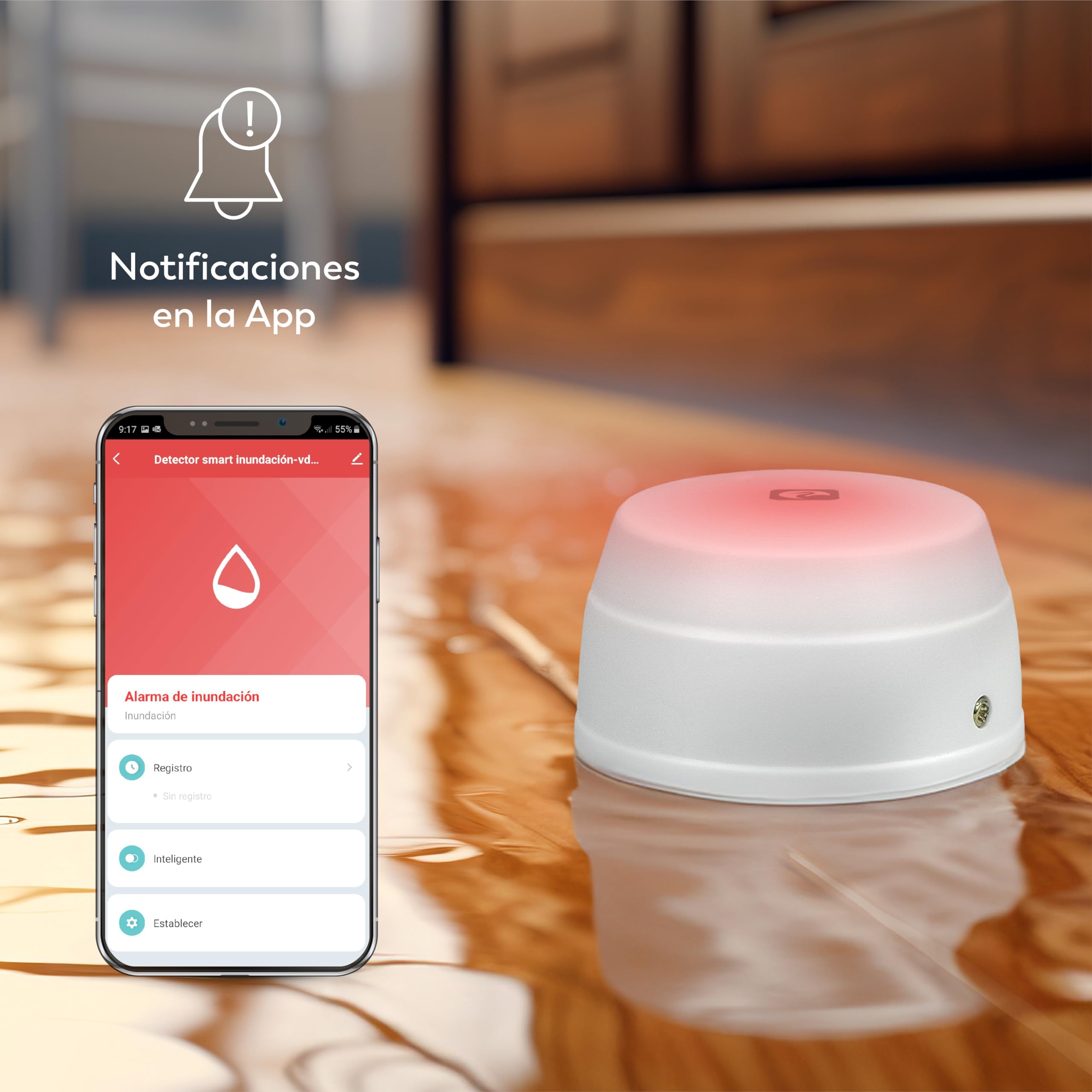 Garza Smart - Detector de Agua WiFi Inteligente para Filtraciones, Inundaciones...con Notificaciones en Tiempo Real por App, Alarma Sonora de 55 db, No Requiere Instalación.