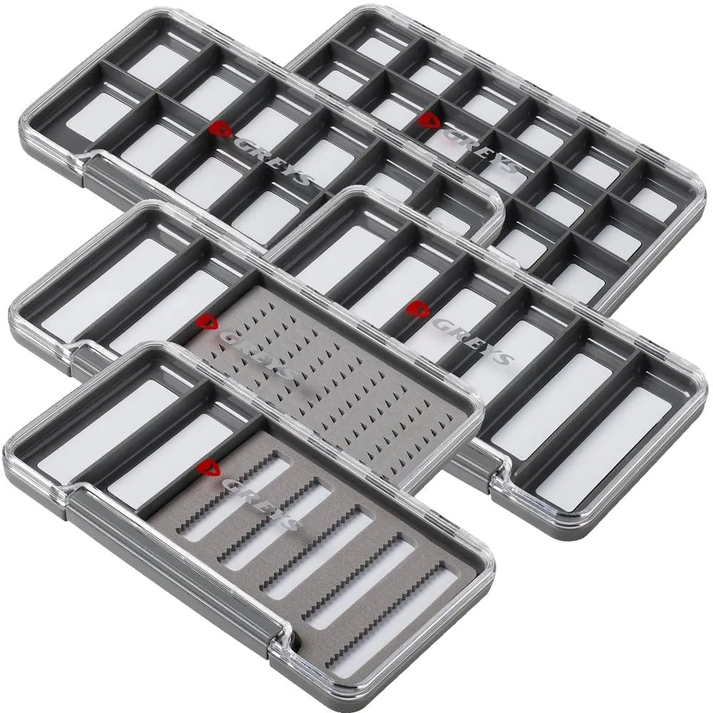 Greys Slim Fishing Tackle Box | Floating Waterproof Tackle Storage Box | Storage with Transparent Lid | Fits Wading Jacket or Vest Pocket | Magnetic Closure | 18 Compartments