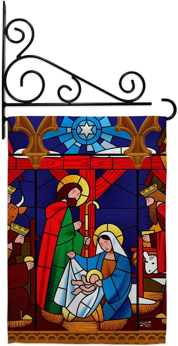 Stained Glass Nativity Garden Flag - Set Wall Holder Winter Three King Religious Holy Family Season Wintertime Christian - House Decoration Banner Small Yard Gift Double-Sided Made In USA 13 X 18.5