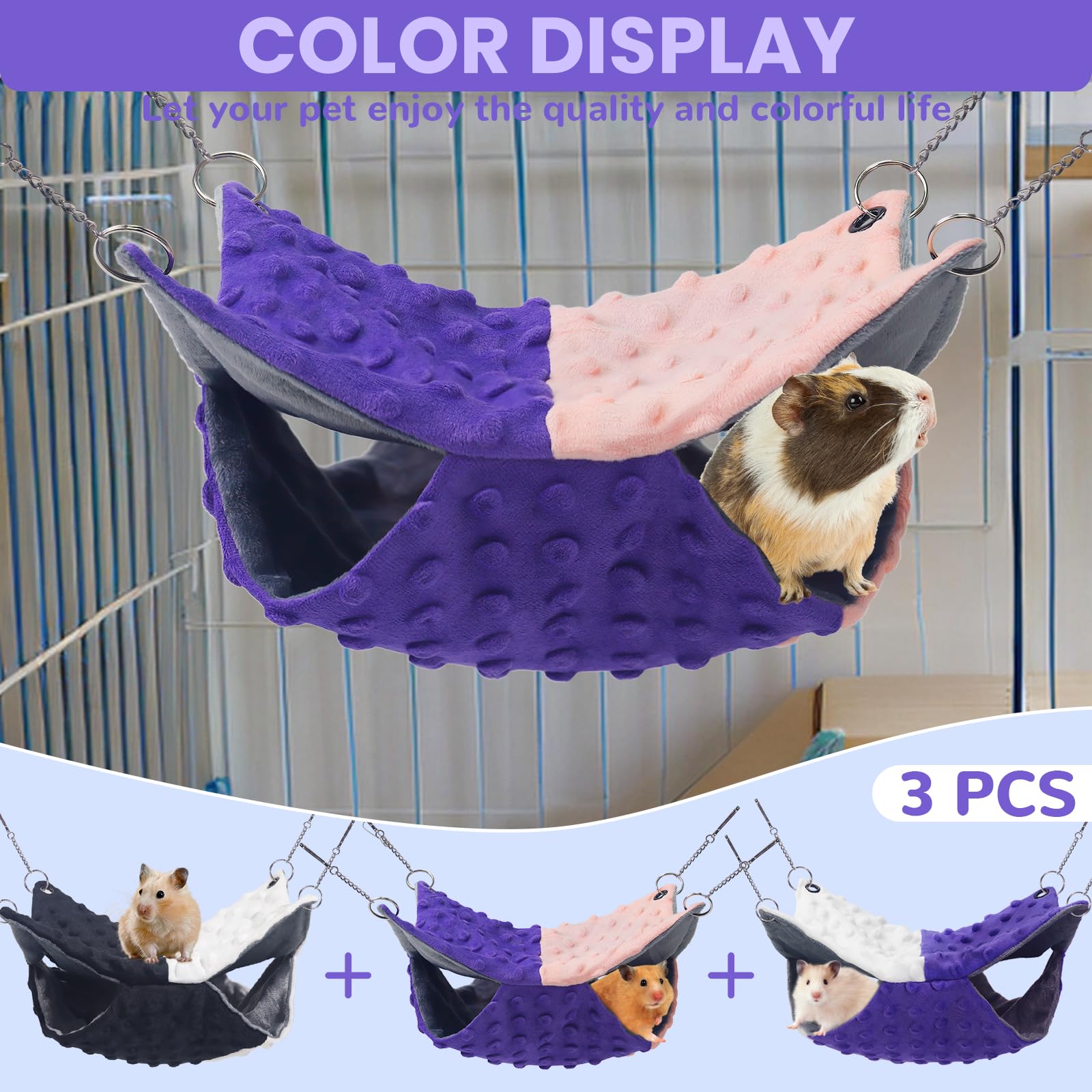 Meerschweinchen-Hängematte, Ratten-Hängematte, Hamster, Frettchen, Meerschweinchen-Zubehör für Kleintiere, Chinchilla, Papagei, Zuckergleiter, Frettchen, Eichhörnchen (Rosa + Lila, Grau + Lila,