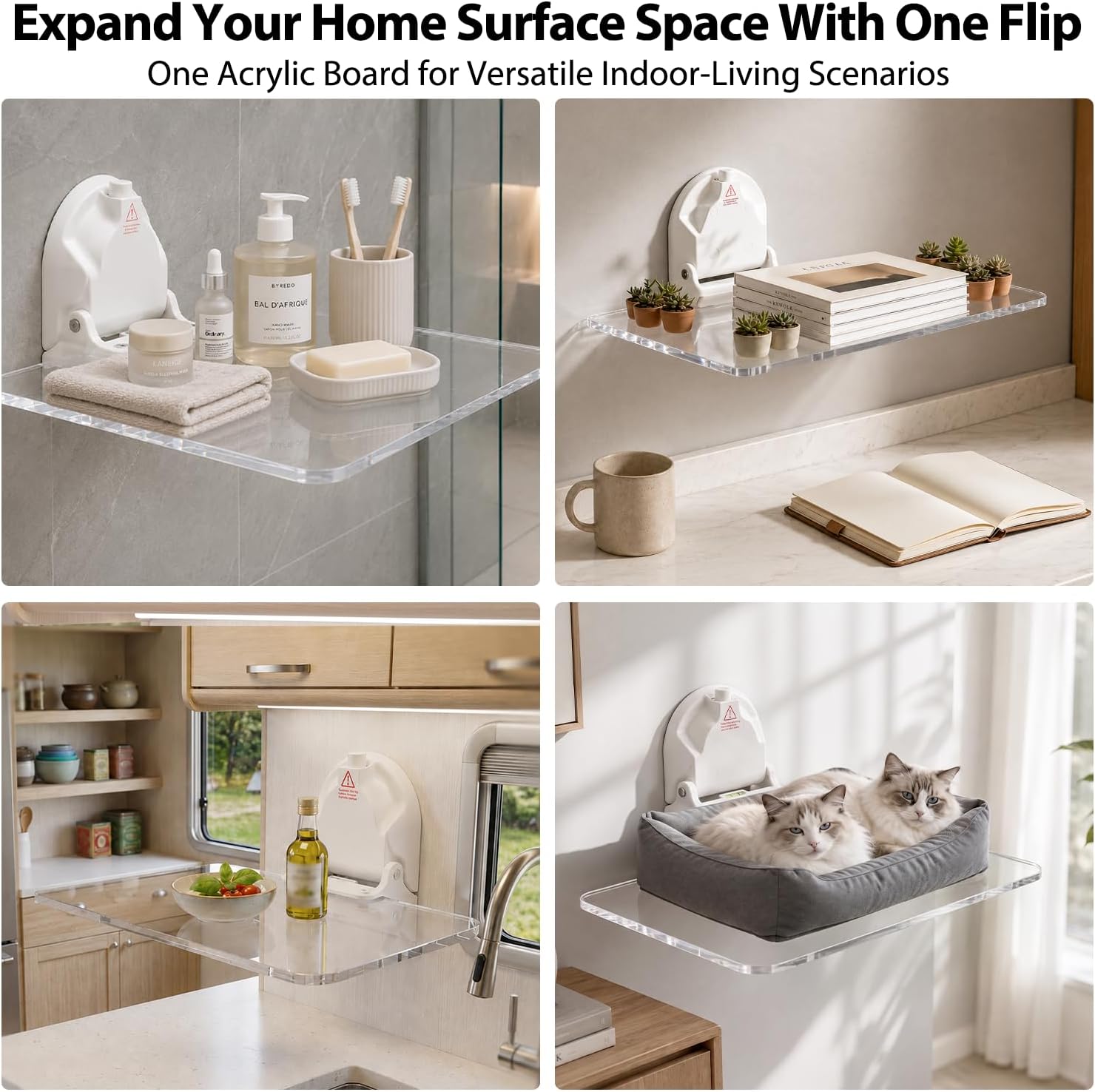 Suction Cup Foldable Acrylic Table, No Drill Removable Floating Suction Mount Tray, Multi‑Purpose RV Table for Indoor & Outdoor, Food Prep Board, Laptop Stand Storage Shelf for Camping Overlanding