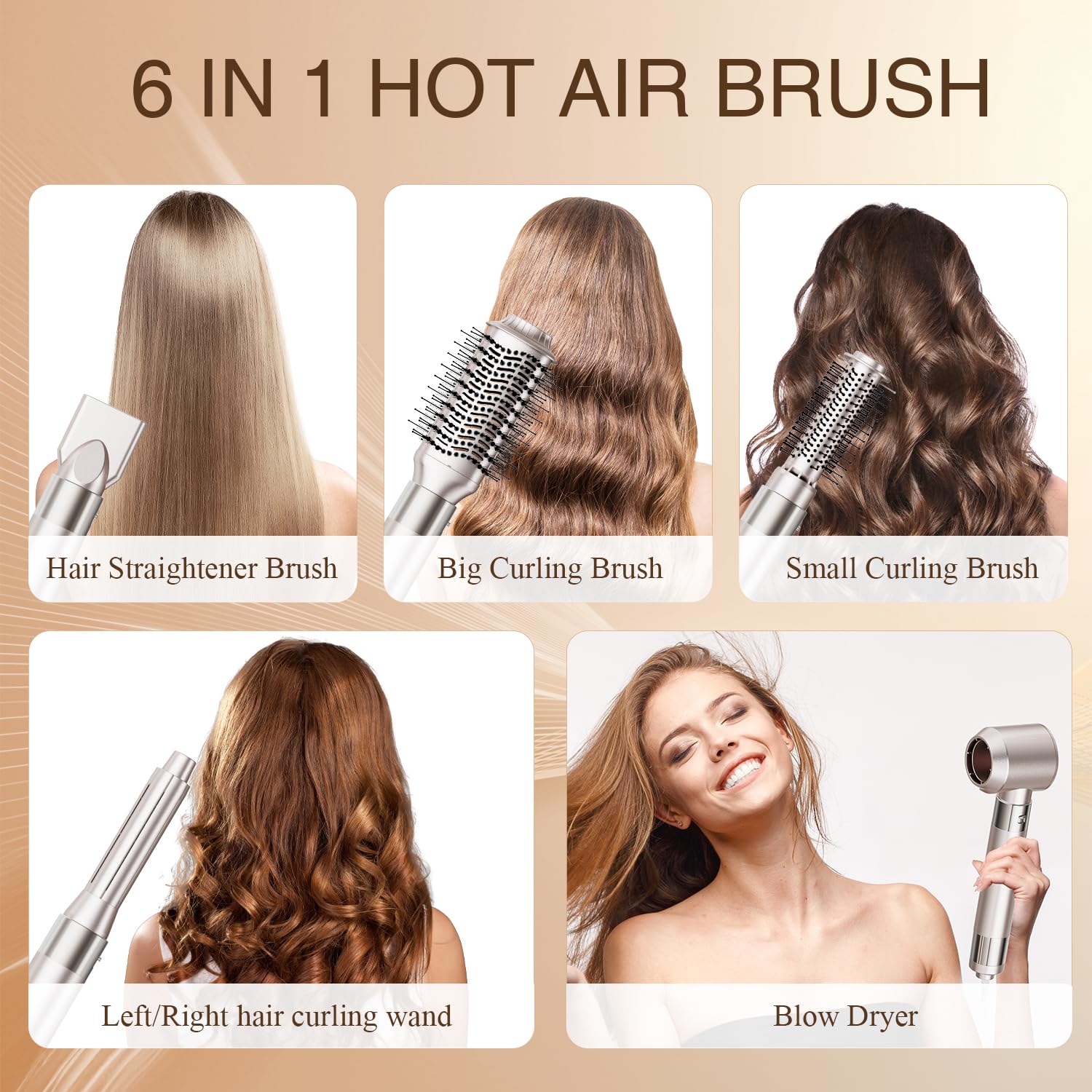 [140000 RPM]Warmluftbürste [6 in 1] Air Styler & Föhnbürste, Hochtouriger negative Ionen Haartrockner schnell trocknend, Warmluftbürste Set mit Auto-Air Locken, Volumizer, Rundbürstenföhn, Glätteisen