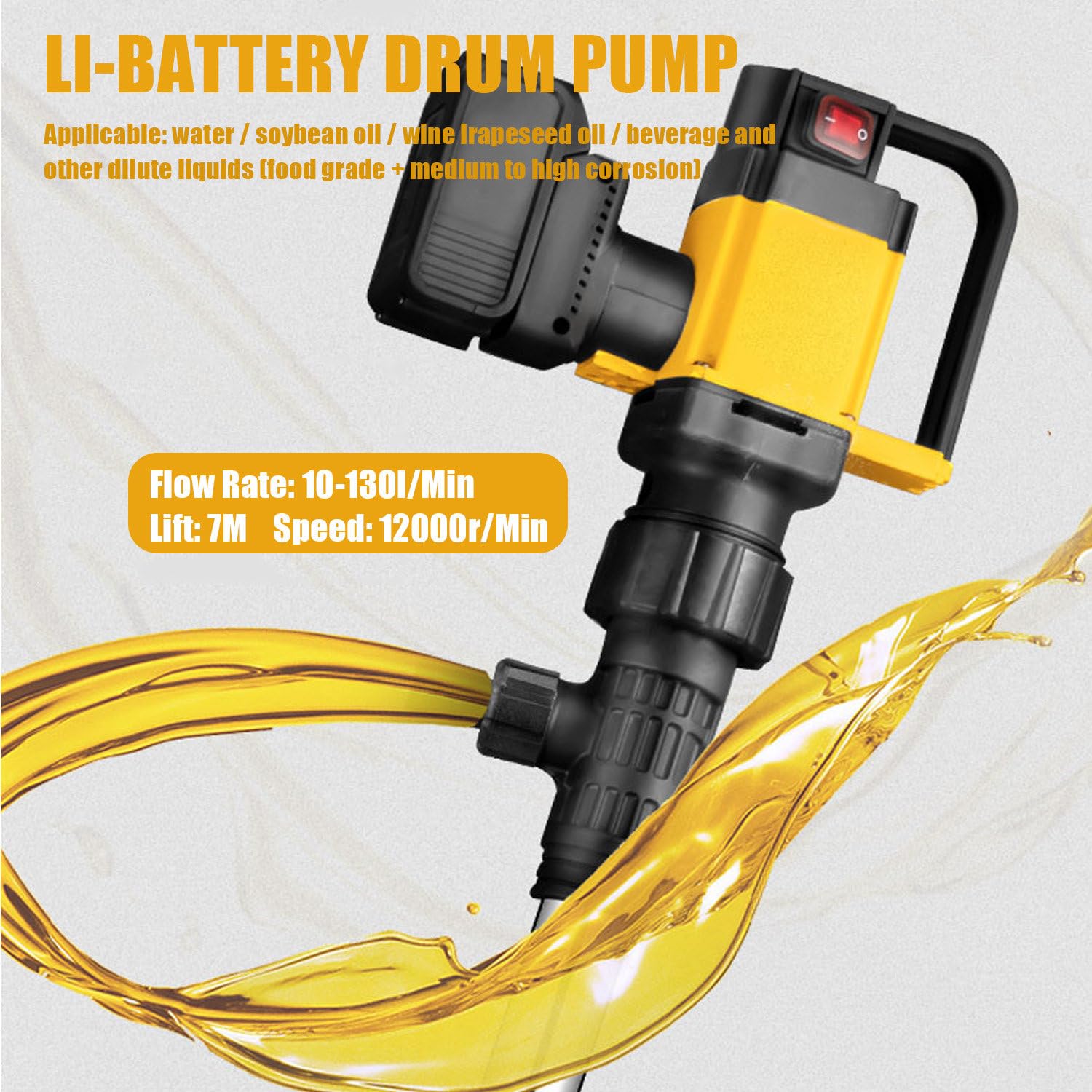 Elektryczna pompa do transferu paliwa, bezprzewodowa pompa beczkowa 1000 W z rurką 93 cm, podnośnik 7 m, przepływ 10-130 l/min do oleju napędowego, smarów, wody, lekko lepkiej cieczy