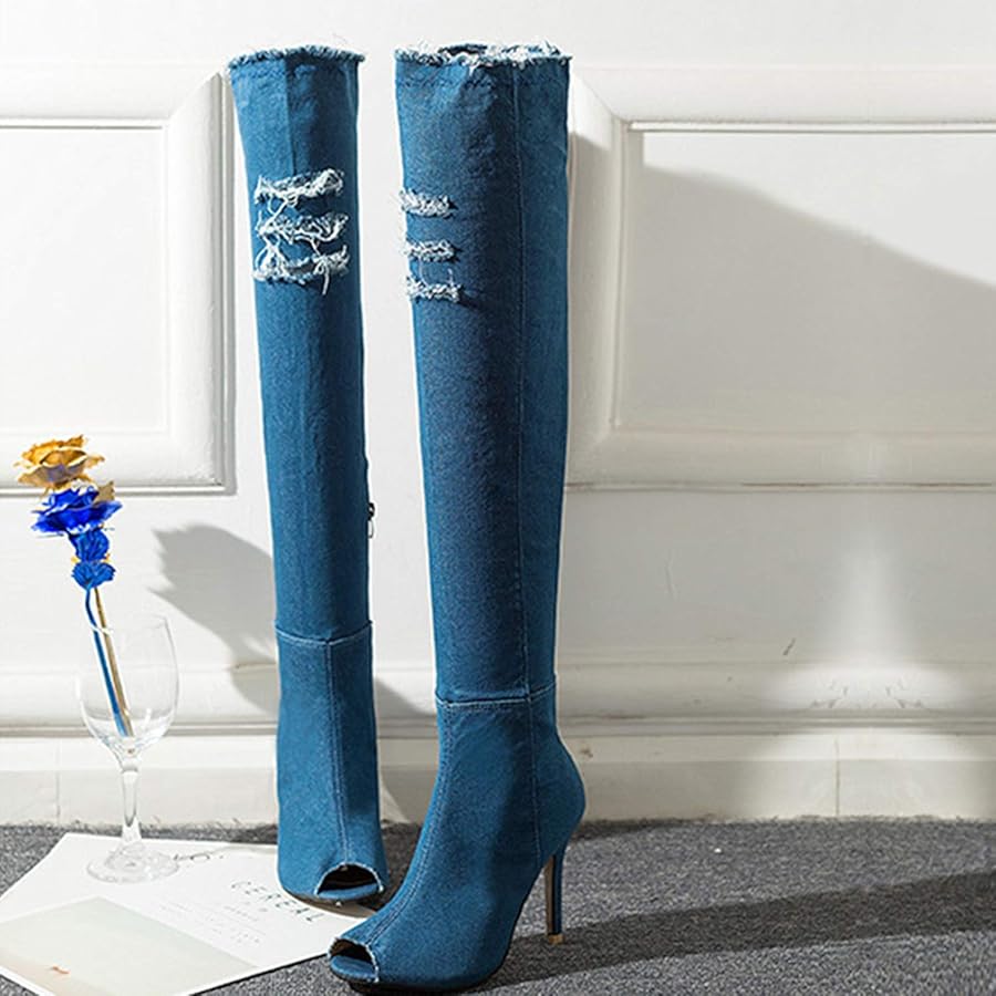 Amazon.com: ZBR Denim Blue Thigh High Boots for women Summer