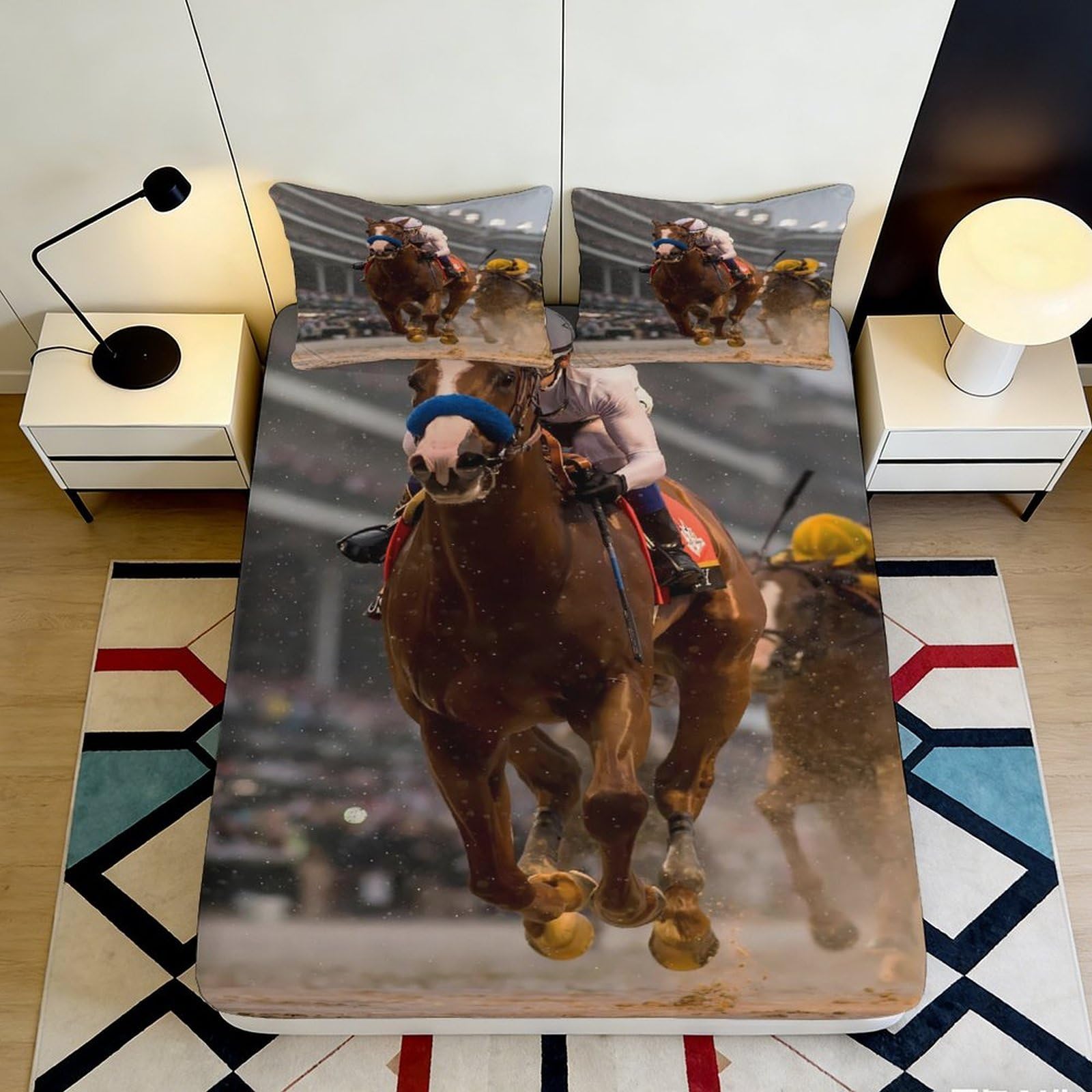 3D Printed Horse Racing Fitted Sheet Microfiber Soft Brown Equestrian Bed Cover for Bedroom Guest Room Decor Easy Care 90x200x25cm
