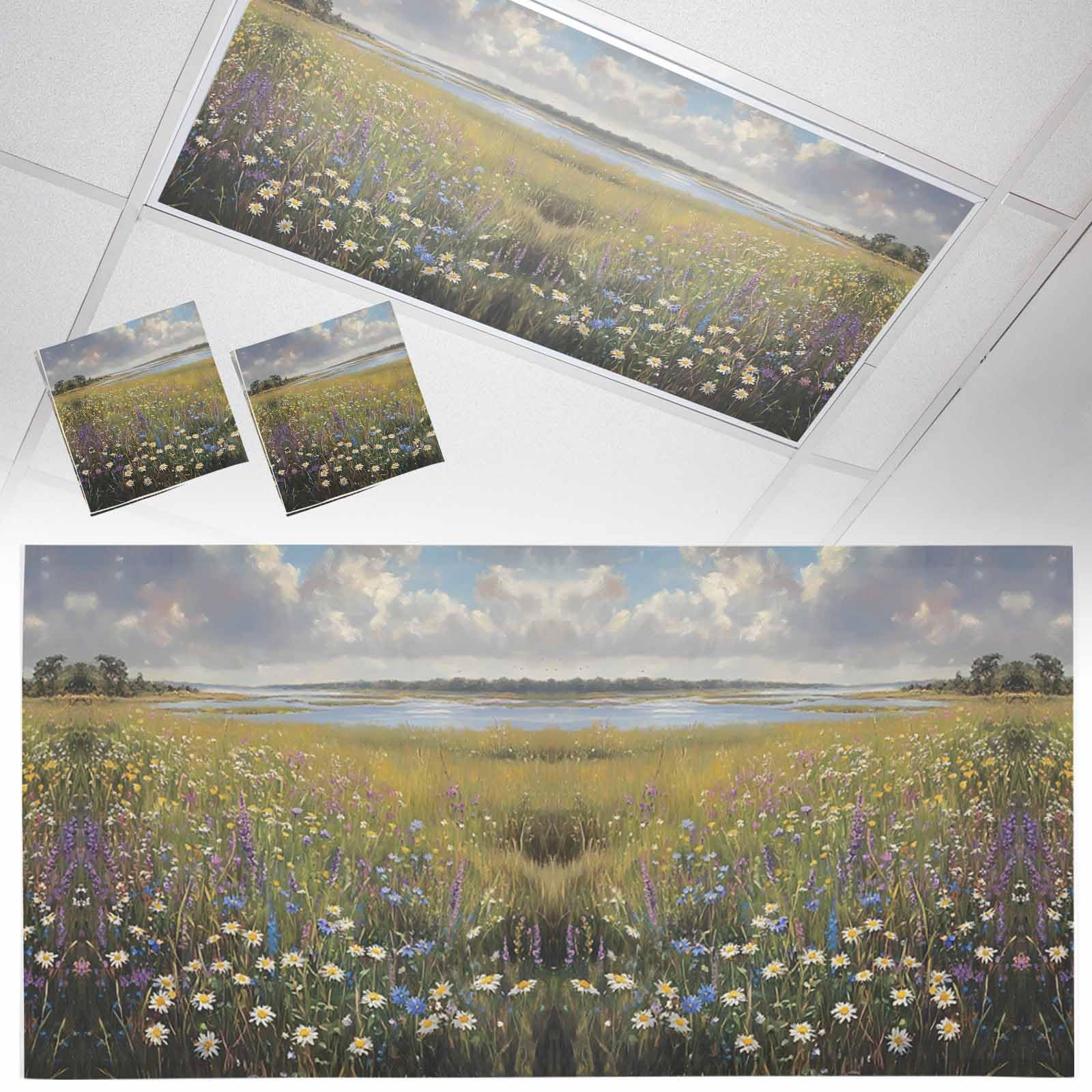 Wowouhiya 2 Pack Fluorescent Light Cover for Ceiling Lights, Spring Floral Magnetic Classroom Light Filters 4x2 Feet, Modern Oil Painting Summer Botanical Decorative Ceiling Shade Panel for Office