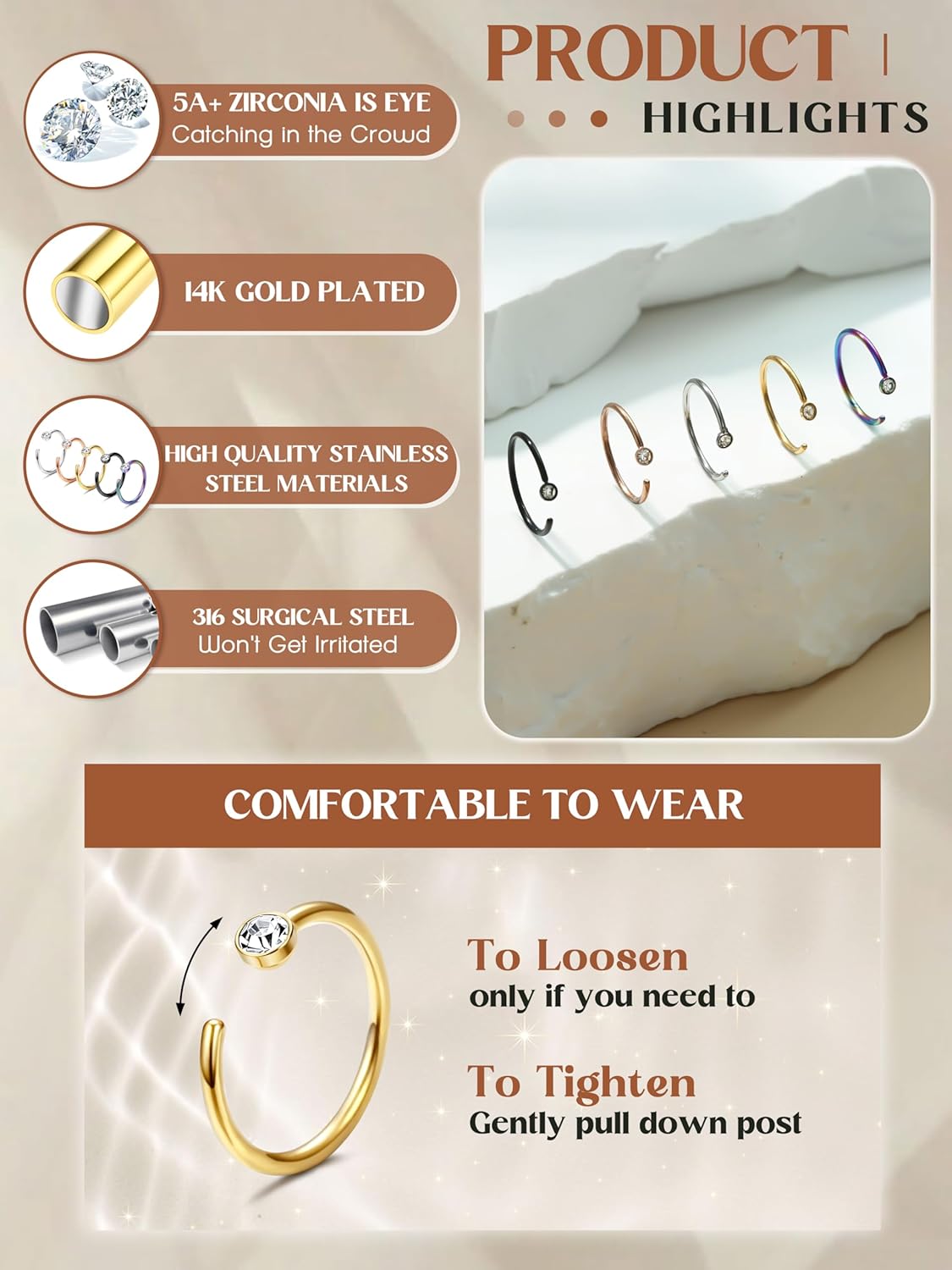 ORAZIO 5-12Pcs 20G Stainless Steel Nose Ring Hoop CZ Body Ear Piercing 5 Mixed Colors - Image 6