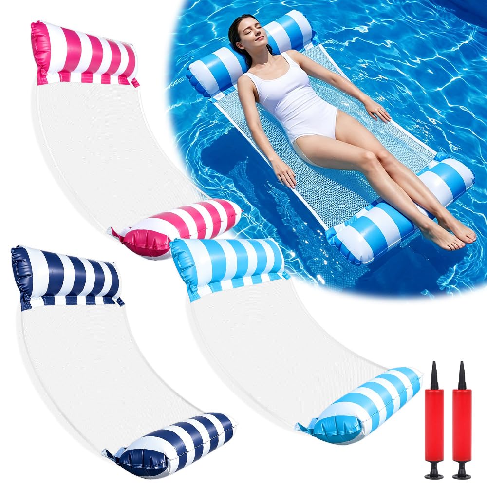 3PCS Pool Inflatables, Swimming Pool Float Hammock, 4-in-1 Pool Floats Adults, Inflatable Pool Toys, 2 Air Pumps, Water Floats Lounger Chair Hammock Seat with Net Buttom for Pool Lake Beach