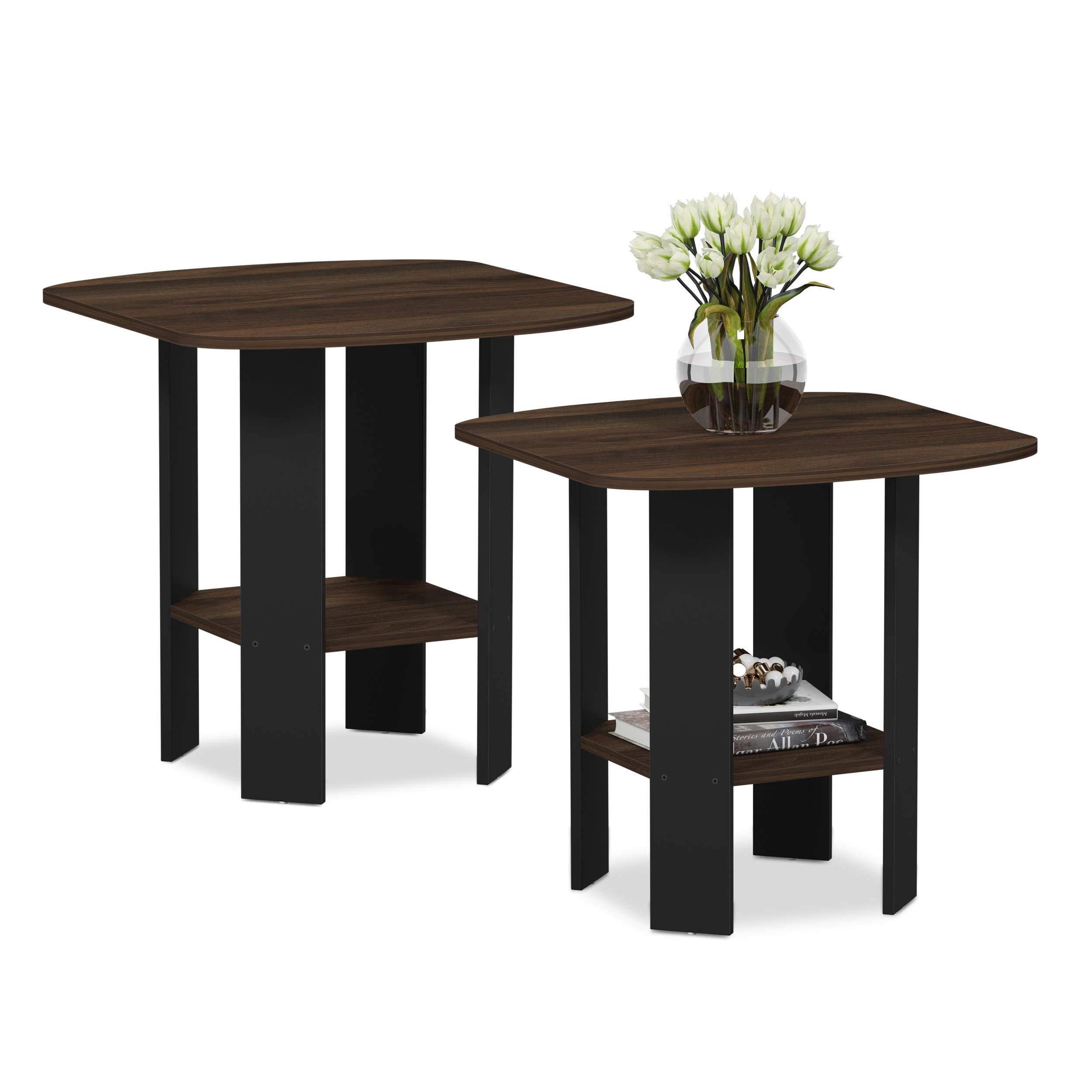 Furinno SIMPLE DESIGN Side Table Set of 2, 2-Tier End Table, Open Shelves Night Stand, Bedside Table, for Living Room, Bedroom, Columbia Walnut