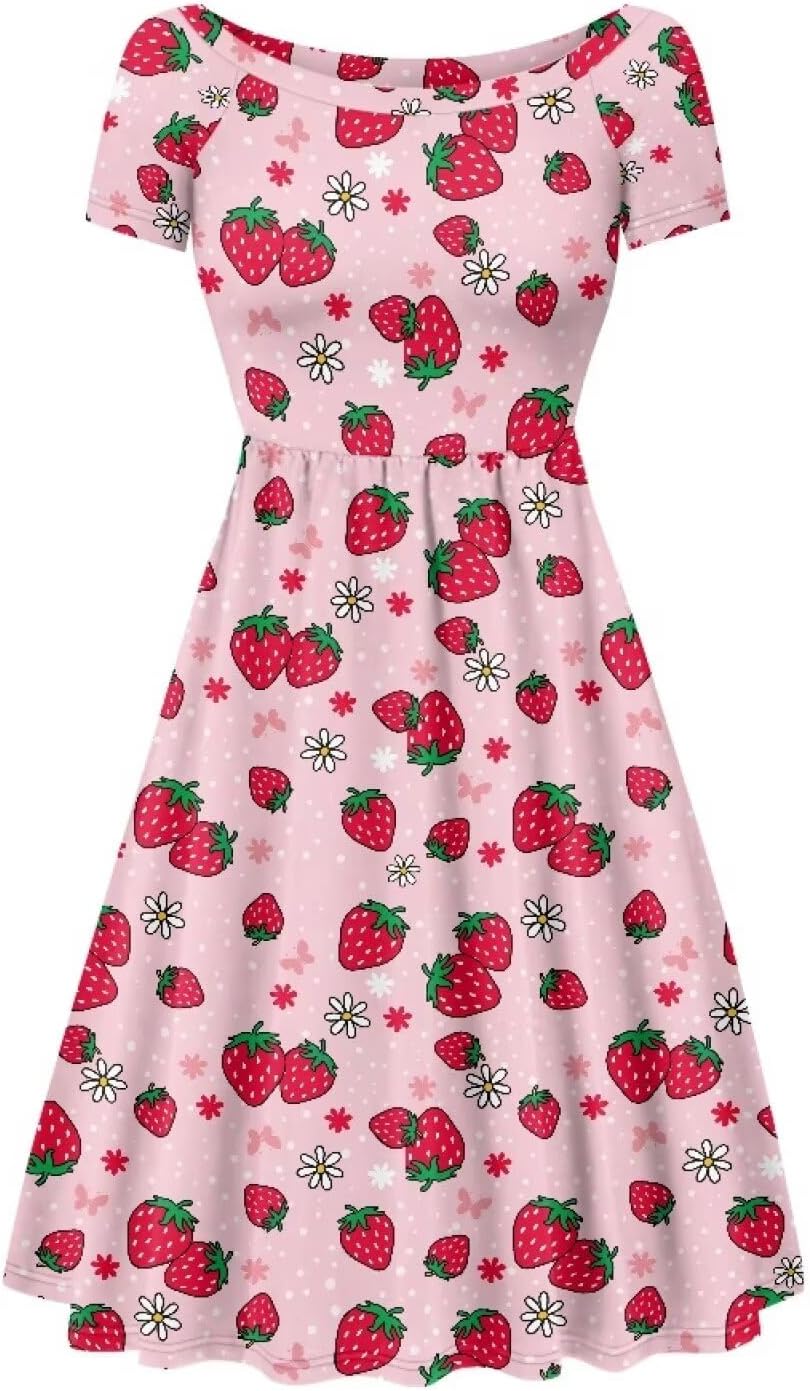 Spring Fall Summer Flowy Knee Length Dress for Women Loose Fitting Short Sleeve Midi Dress Size XS-4XL