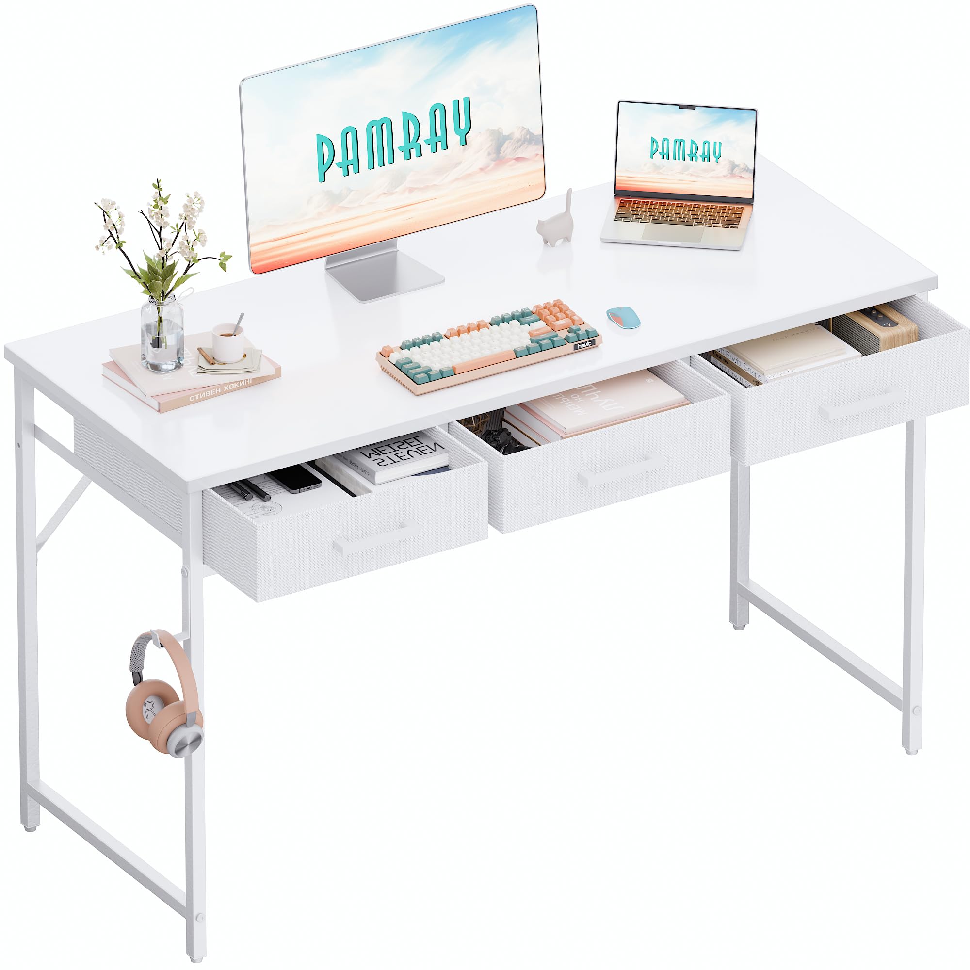 PAMRAY 120cm Small Computer Desk with 3 Drawers for Bedroom Study Writing Home Office Table for Small Spaces White