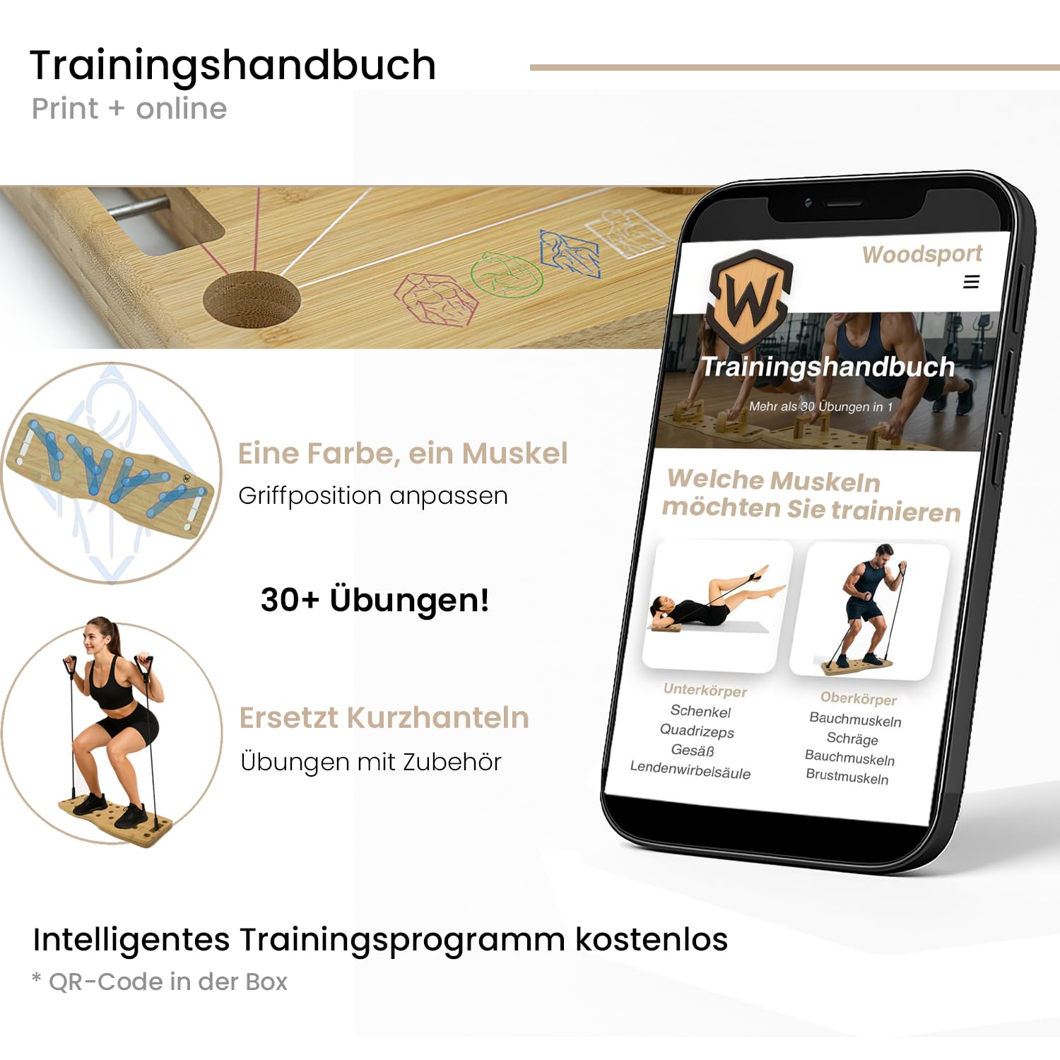 Amplitude – Premium Liegestützbrett/Push up Board aus Holz für Home gym – Klappbares Fitnessgerät für Zuhause – inkl. resistance bands + 30-in-1 Trainingsanleitung