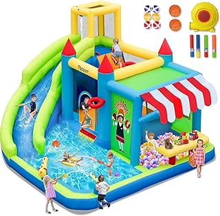 FBSPORT Inflatable Bounce House Water Slide,10 in 1 Kids Bouncy Castle with Toy Market Stand Splash Pool Bouncer Climbing ...