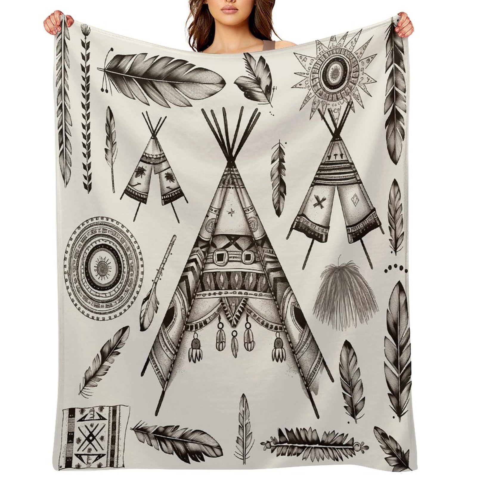 Feather Head Band Teepee Tent Throw Blanket for Couch and Bed Super Soft Warm Lightweight Throw Blankets Cozy Fuzzy Flannel Blanket Personalized Decorative Blankets for Sofa Decor 60"x80"