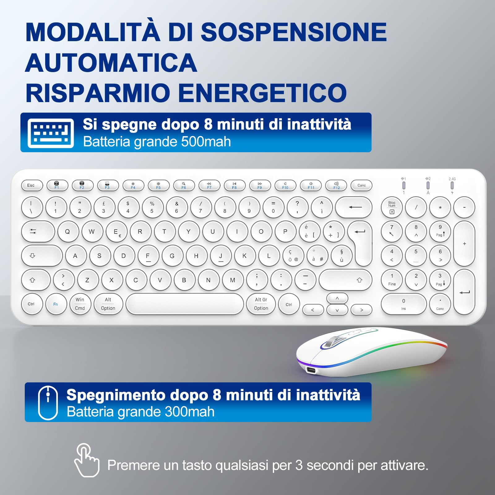 PINKCAT Tastiera e Mouse Wireless, Bluetooth e 2.4 G Tastiera e Mouse, Batteria Ricaricabile Design Ergonomico Set tastiera e mouse per PC/Tablet/Windows, iOS, Mac OS - Bianca