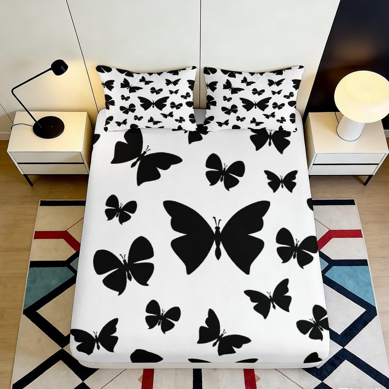 3D Printed Black Butterfly Fitted Sheet Microfiber Soft White Silhouette Bed Cover for Bedroom Dorm Mattress Protection 180x200x25cm