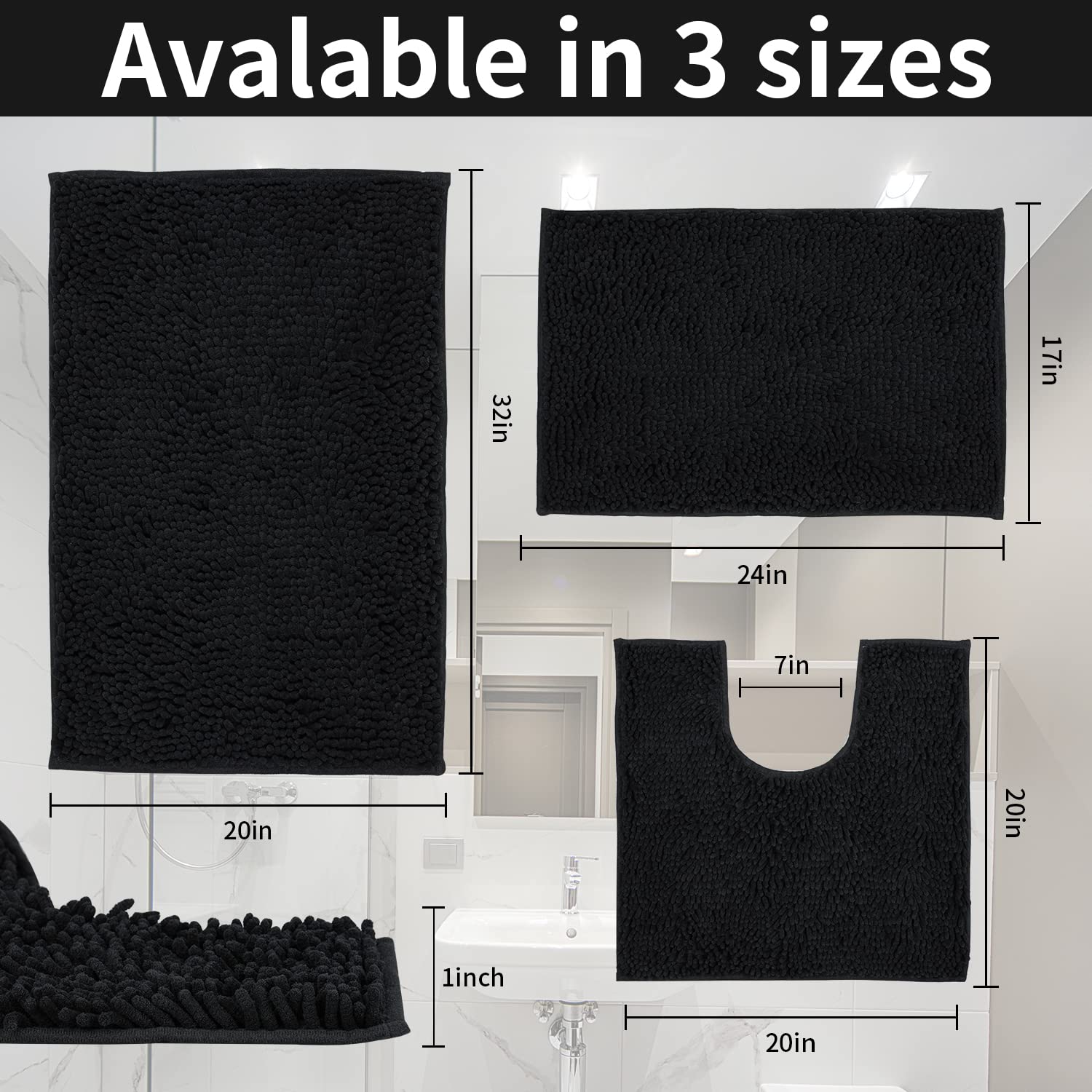 Tappeti da bagno, super assorbenti, lussuosi tappeti da bagno in ciniglia, resistenti e morbidi, lavabili per vasca, (nero, 50,8 x 50,8 cm + 43,2 x 61 cm + 50,8 x 81,3 cm)