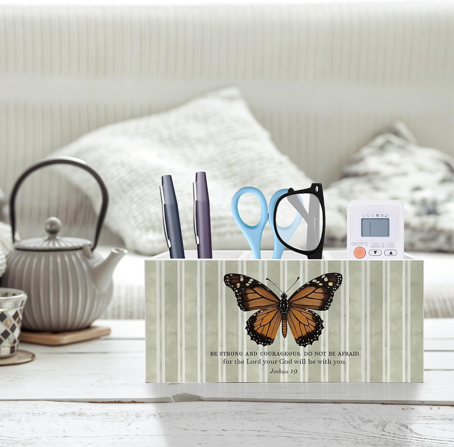 Inspirational Butterfly Christian Pen Pencil Holder, Christian Desk Decor, Be Strong and Courageous Joshua 1:9 Bible Verse Pencil Pen Holder Organizer for Home Office Desk Accessories image 2