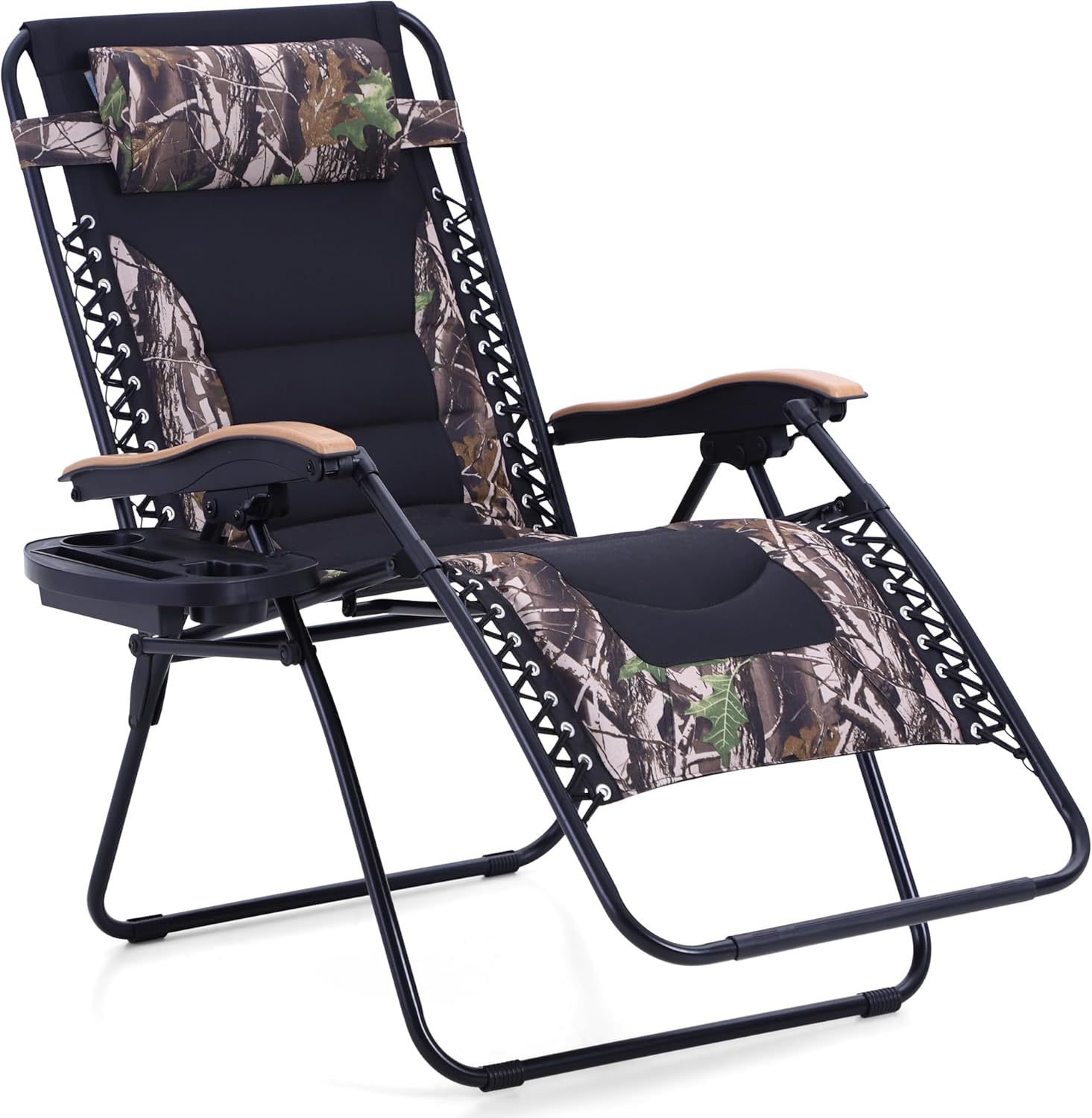 PHI VILLA XXL Outsized Padded Zero Gravity Chair, Foldable Patio Recliner, 30″ Broad Seat Anti Gravity Lounger with Cup Holder, Help 400 LBS (Camouflage)