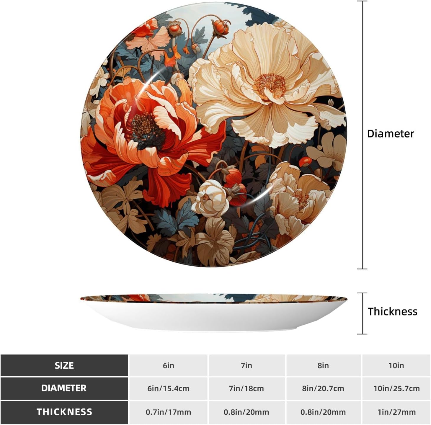 Bone China Decorative Plate with Display Retro Floral Ceramic Plates Crafts Art Decor Dessert Plate Ceramic Ornament Porcelain Plates for Living Room Kitchen Table Home Decor