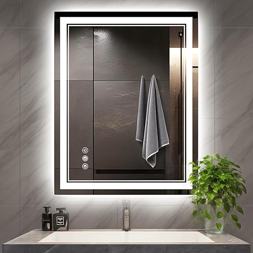 Espejo de baño LED con luces 24 x 32 pulgadas, grandes espejos iluminados para montar en la pared, sin niebla, antiniebla, regulable, función de