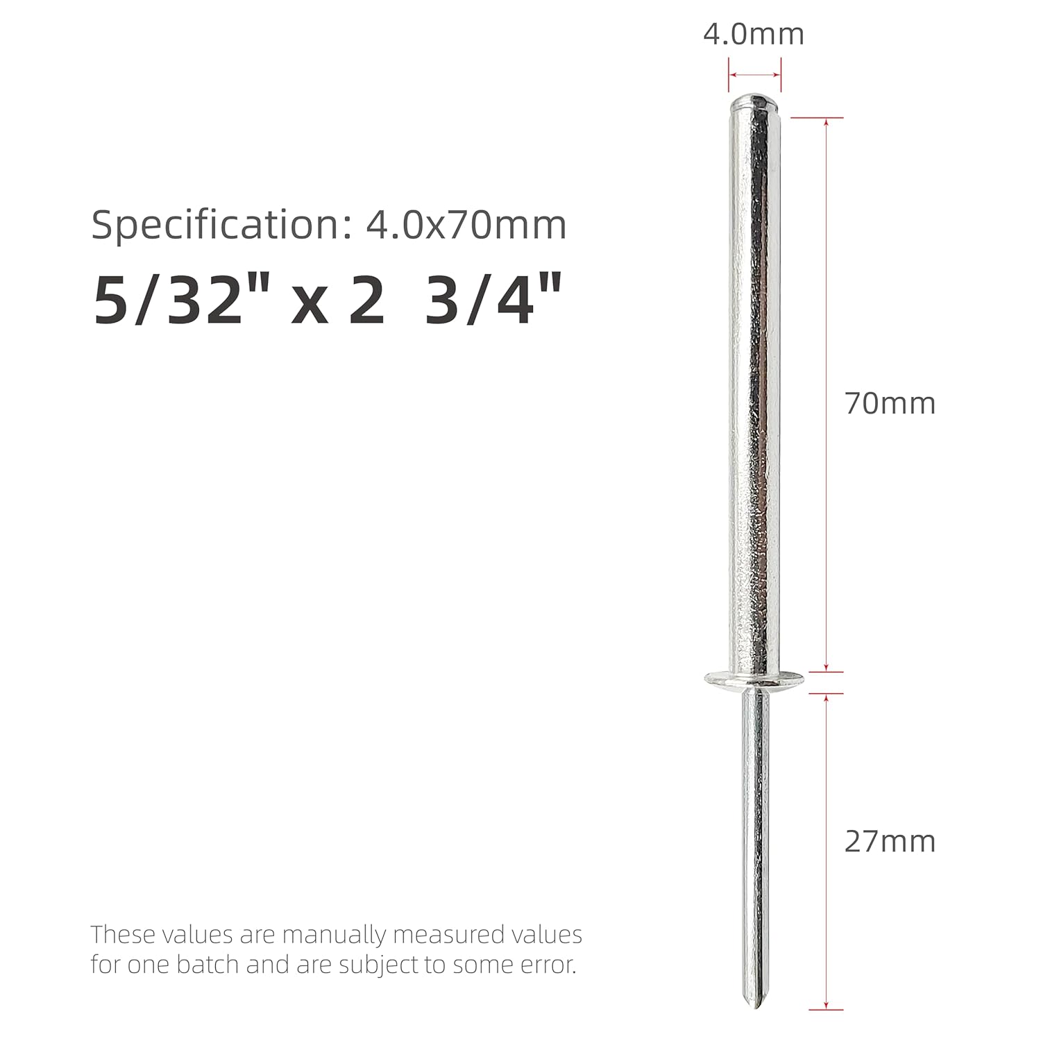 40pcs Aluminum Long Blind Rivets,Long Split Rivets, Pack of 40 (Silver) (5/32""x2-3/4""(M4x70mm)), Sliver