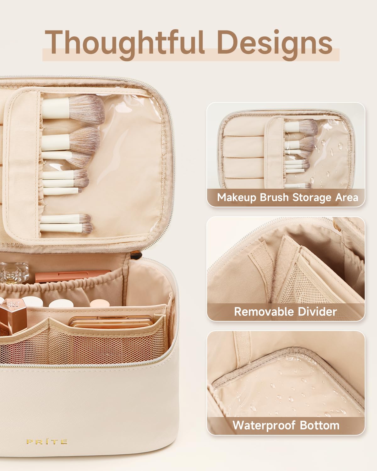 Prite Large Makeup Bag for Women Travel Cosmetic Case Waterproof PU Leather Toiletry Bag Portable Make Up Organiser with Handle and Removable Divider (Beige) - Image 3